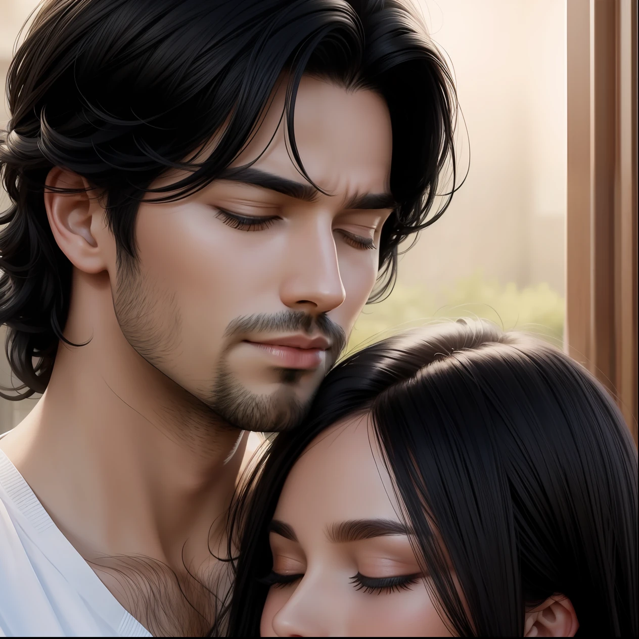 realistic portrait of the princess, black hair, male, black hair, kiss, closed eyes, couple,