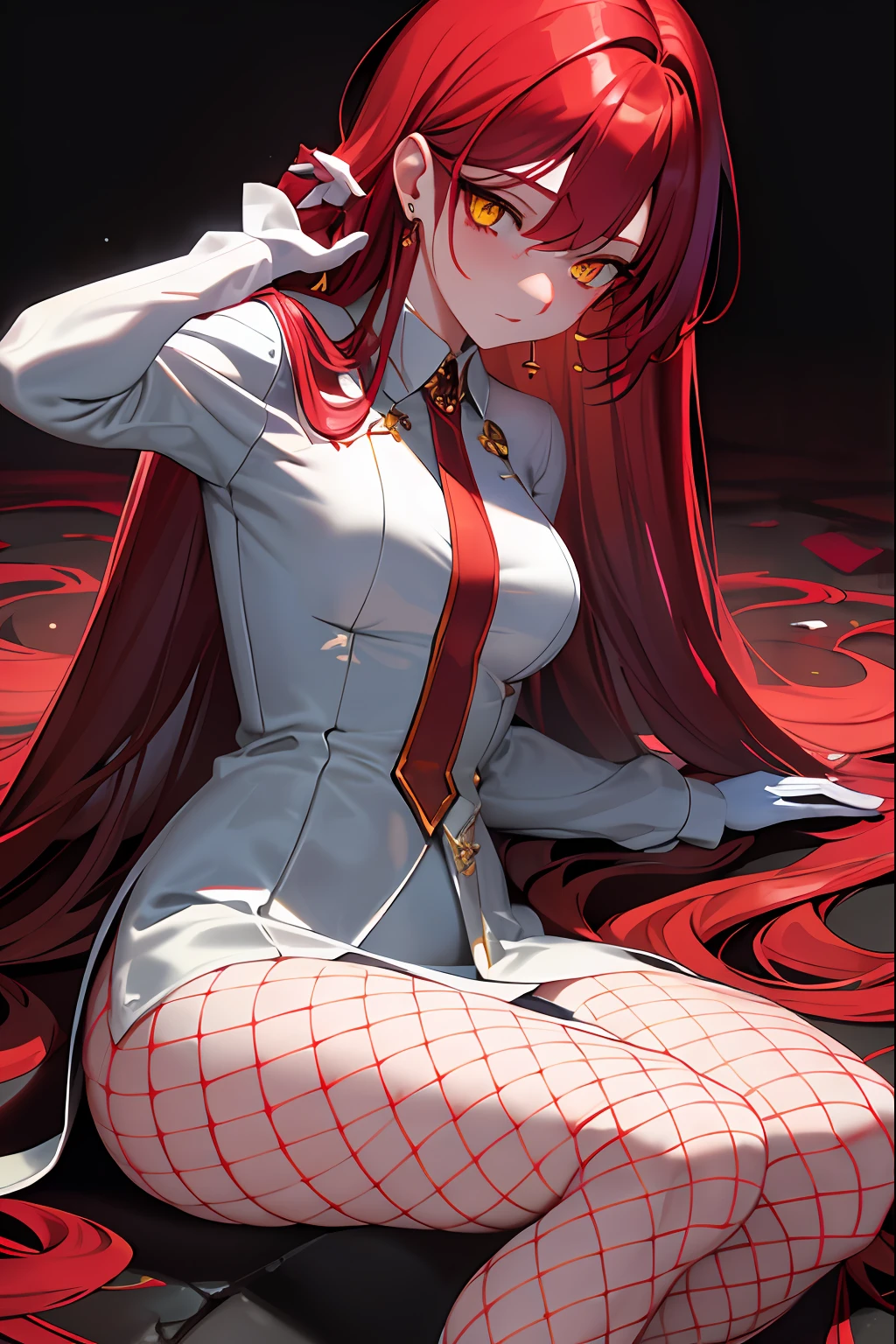 masterpiece, best quality, 1girl, long hair, big bust, very long red hair, yellow eyes, transparent clothes, ((white clothes)) rain, wet, exposed skin, ligerie, sexy pose, white clothes, without pants, fishnet stockings, jewels, ruby earrings, good anatomy, red gloves, boots, heels, evil, emotionless, intimidant, bloody, detailed eyes, dark background, close up, ((detailed eyes)), beautiful eyes, hair bang, frontal look