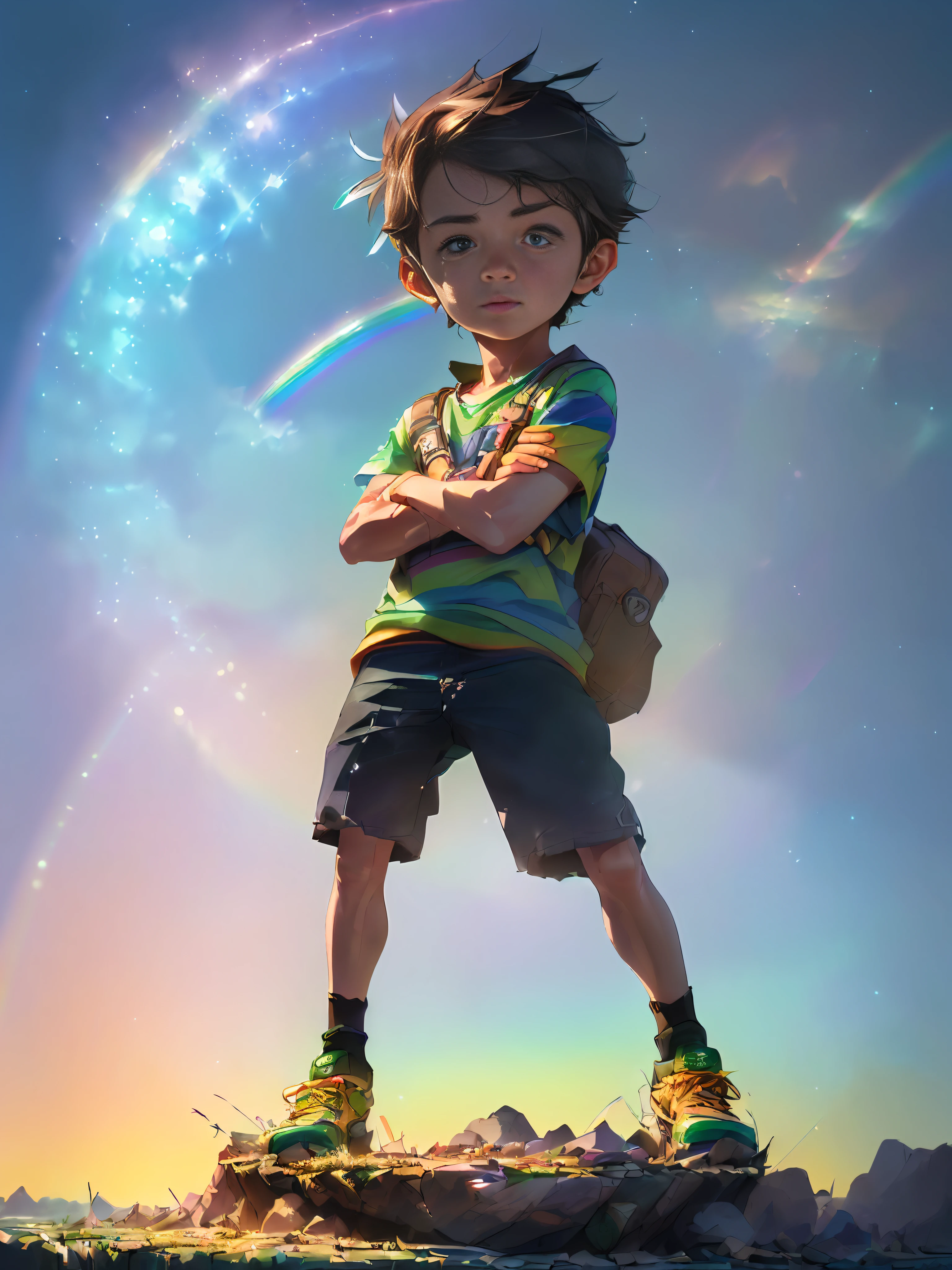 (((rainbow daytime sky)), boy, masterpiece, highest quality, (((Photorealistic: 1.4)), masterpiece, illustration, very delicate and beautiful, highly detailed CG, 8k wallpaper, amazing, fine detail, highly detailed CG Unity 8k wallpaper, huge file size, ultra detail, ultra high resolution, high resolution, very detailed, ((Highly detailed eyes and face)), Beautiful detailed eyes, highly detailed face, perfect lighting, light on the face, natural colors, (((10-year-oldoy)epart, (rough style with the whole body including both legs)), the future is bright, ((rainbow daytime sky))