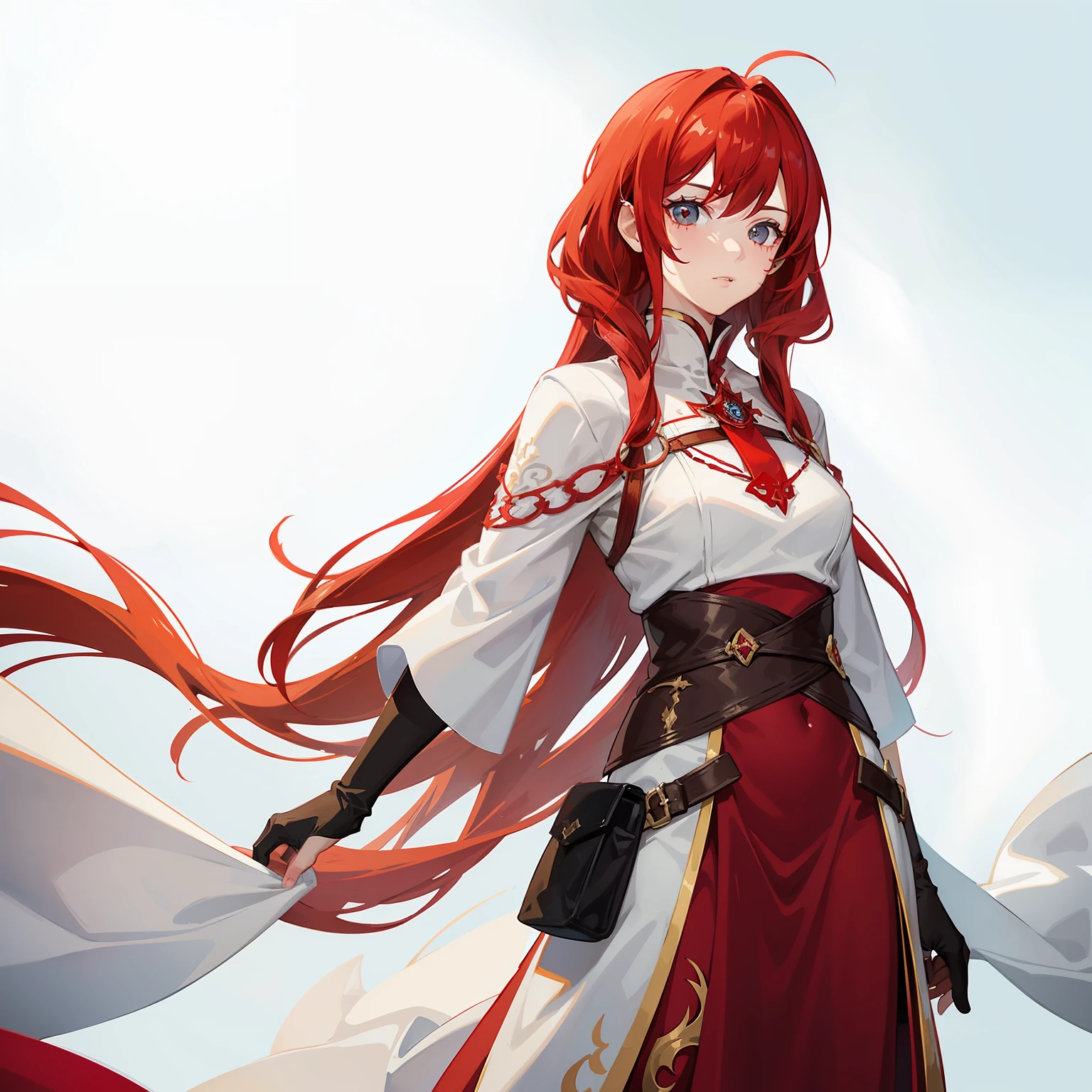 a woman with bright-red hair in a white-cloak. She has patches of black scales on her cheek and arm.