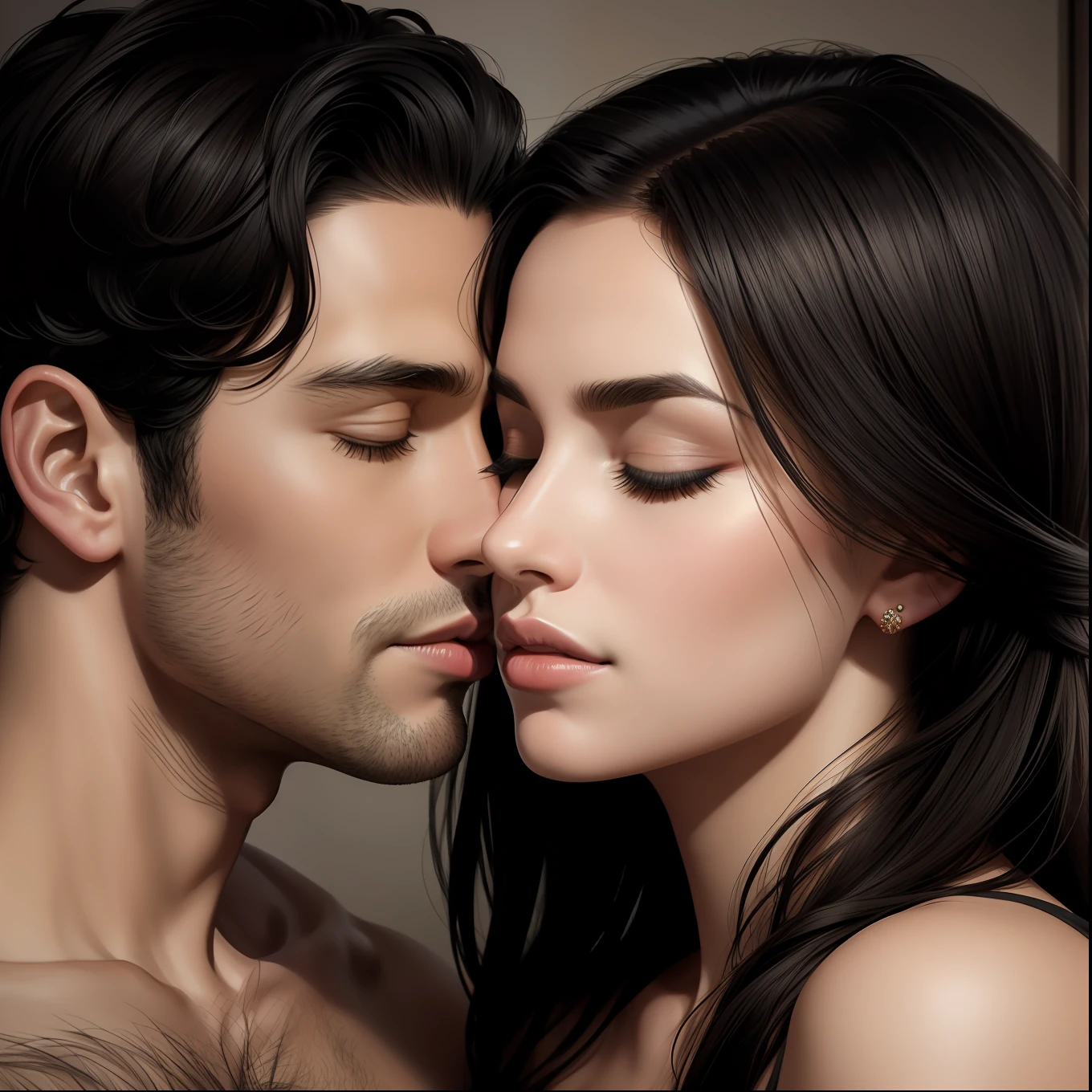 realistic portrait of the queen, black hair, male, no beard, black hair, kiss, eyes closed, couple,