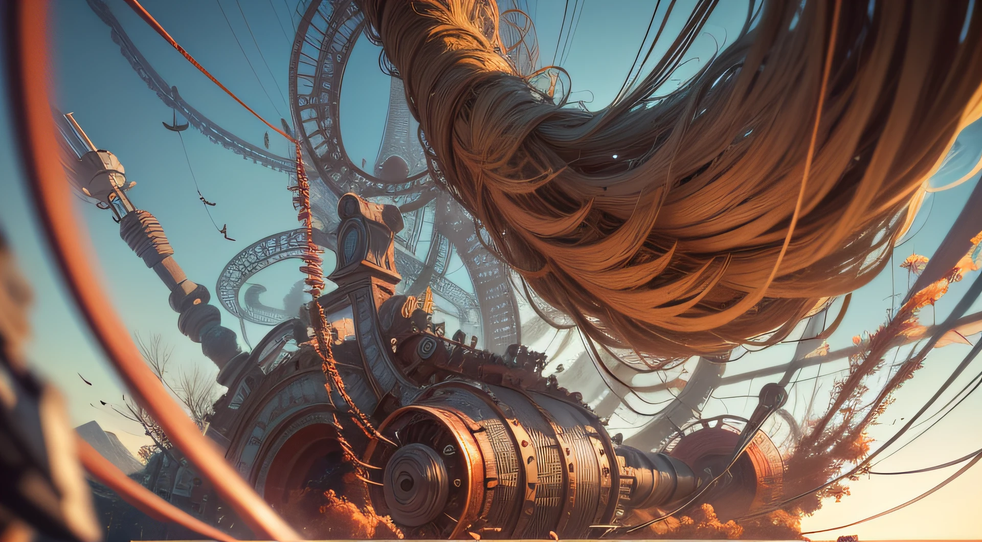 a heavily distorted, fading late morning clear sky, a singular object comprised of contorted feathers/machinery/pipes/rusted components is floating in the air, steel strings weave into each other, extra detail, 4kHD details, best resolution, surrealistic composition, extreme camera angle, motion blur, depth of field, foreshortening, tilted camera angle, cinematic lighting, movie scene