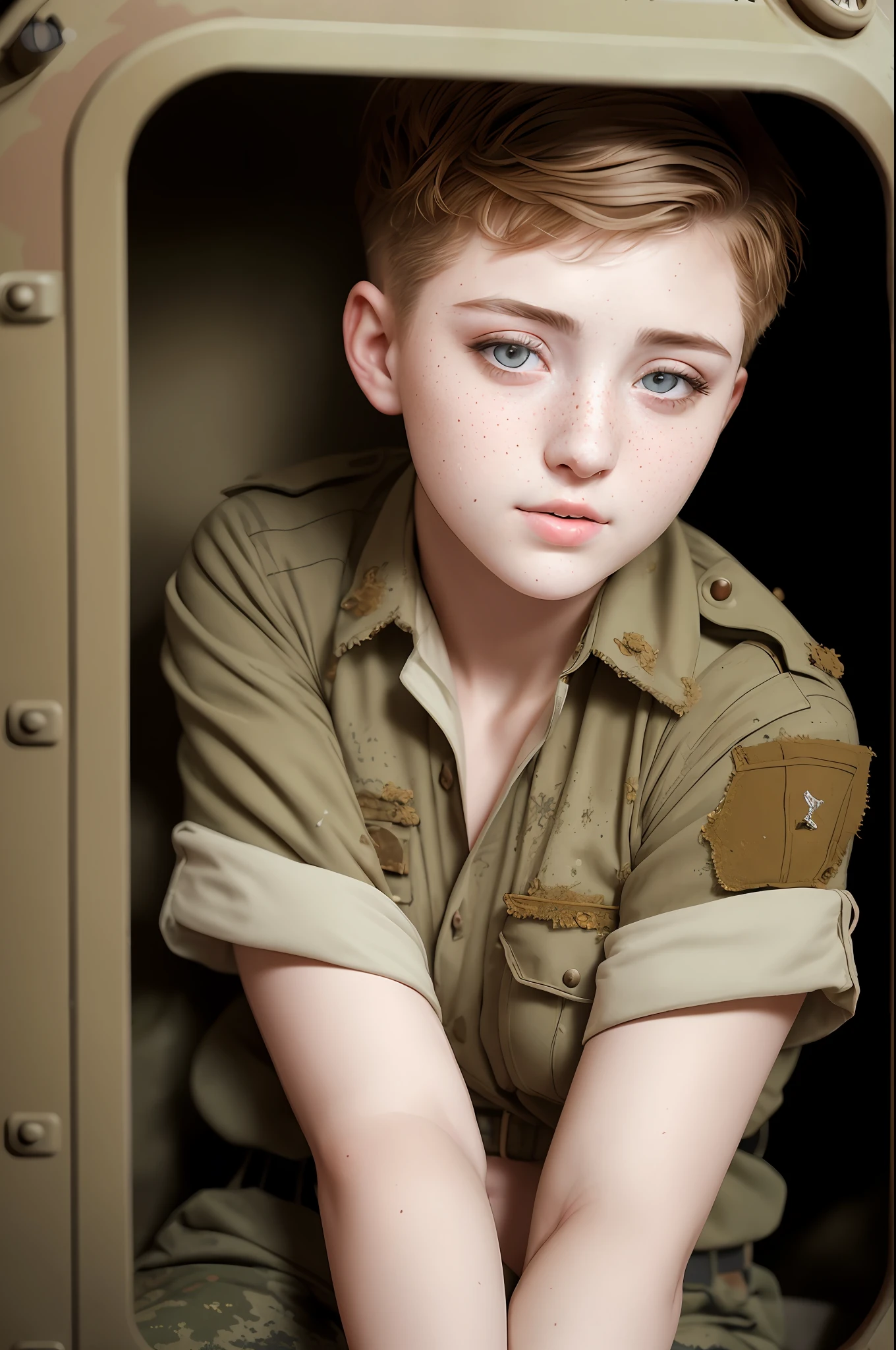 Highest quality, (dramatic lighting:0.7), masterpiece, high angle shot, RAW photo of (pale 21 year old woman with short hair, looking up at the viewer), cute, (wearing Tattered combat fatigues, Disheveled), (sitting inside a tank), portrait, perfect face, alluring eyes, vivid detail, (highly detailed skin), freckles, sfw, (blue tint:0.6), (dirty:0.8), (bloody:0.7), key lighting, (backlighting:0.5), medium depth of field, photographed on a Canon 5D, 50mm lens, F/4 aperture, (hyperdetailed, intricate details), sharp focus, muted colors, 8k, absurdres, 8mm film grain, war photography