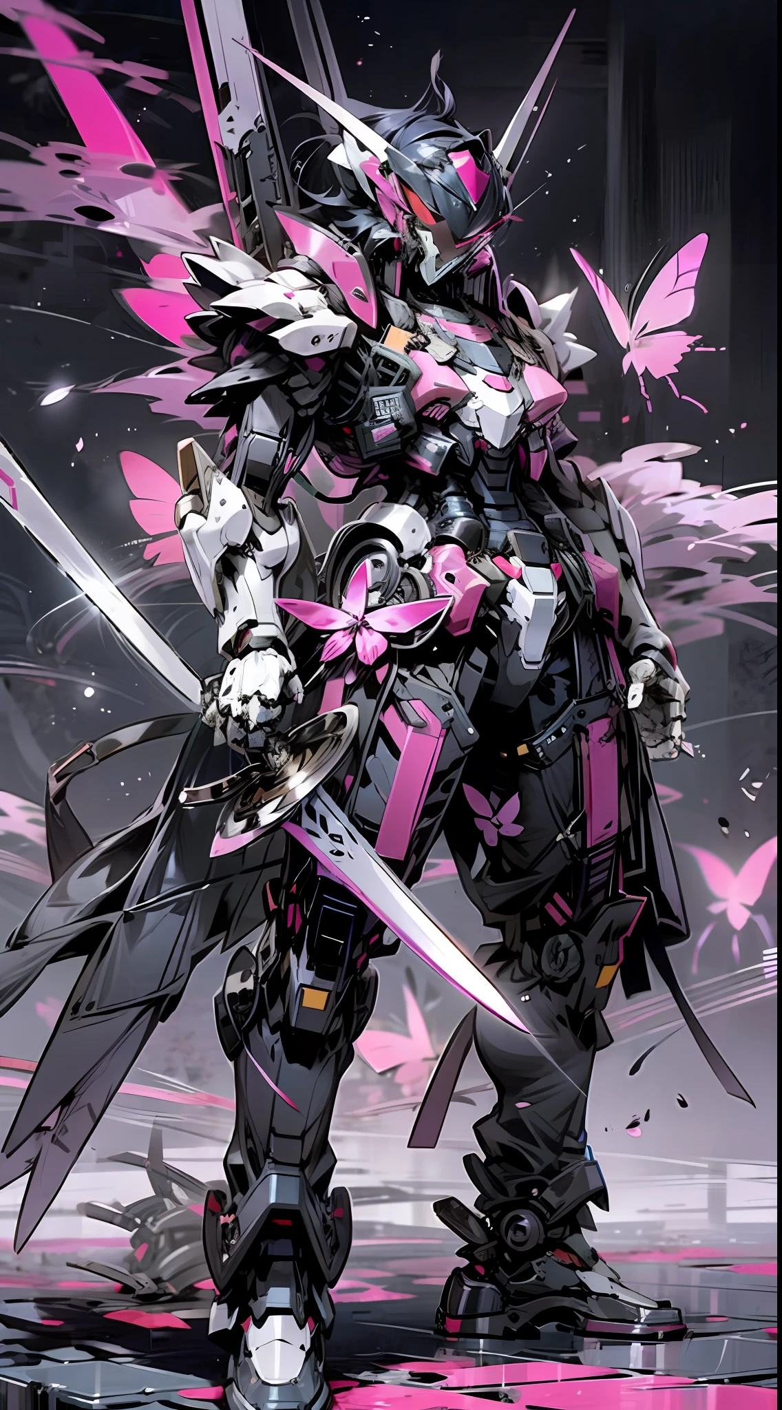 Raw foto,Dark_Fantasy, Cyberpunk, (Big Revolver, Sword Man, Violet: 1.1), 1man, Mechanical Wonder, Robotic Presence, Cybernetic Guardian, pink blossom, black, samurai Gundam, extremely high detailed, half-body, pink butterfly, butterfly, blossom, pink Gundam,
