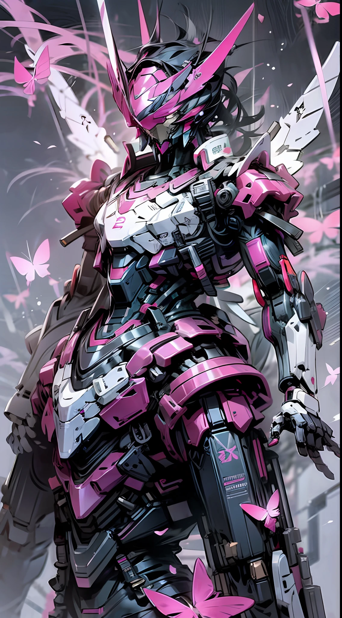 Raw foto,Dark_Fantasy, Cyberpunk, (Big Revolver, Sword Man, Violet: 1.1), 1man, Mechanical Wonder, Robotic Presence, Cybernetic Guardian, pink blossom, black, samurai Gundam, extremely high detailed, half-body, pink butterfly, butterfly, blossom, pink Gundam,