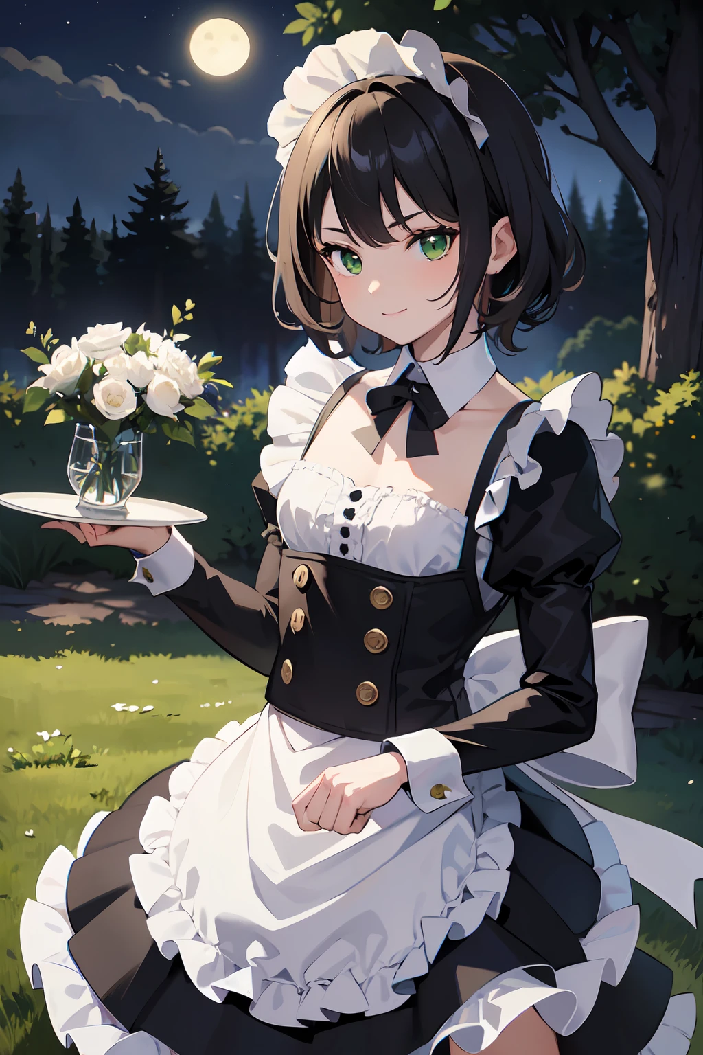 masterpiece, best quality, ultra high res, beautiful detailed hair detailed face, perfect face, (happy face), ((male)), cat boy, neko male, 1male, male focus, short curly black hair, flat chested, (green eyes), ((maid costume, frills, lace)), art by sakimichan, george kamitani, akira yasuda, night day on dark forest