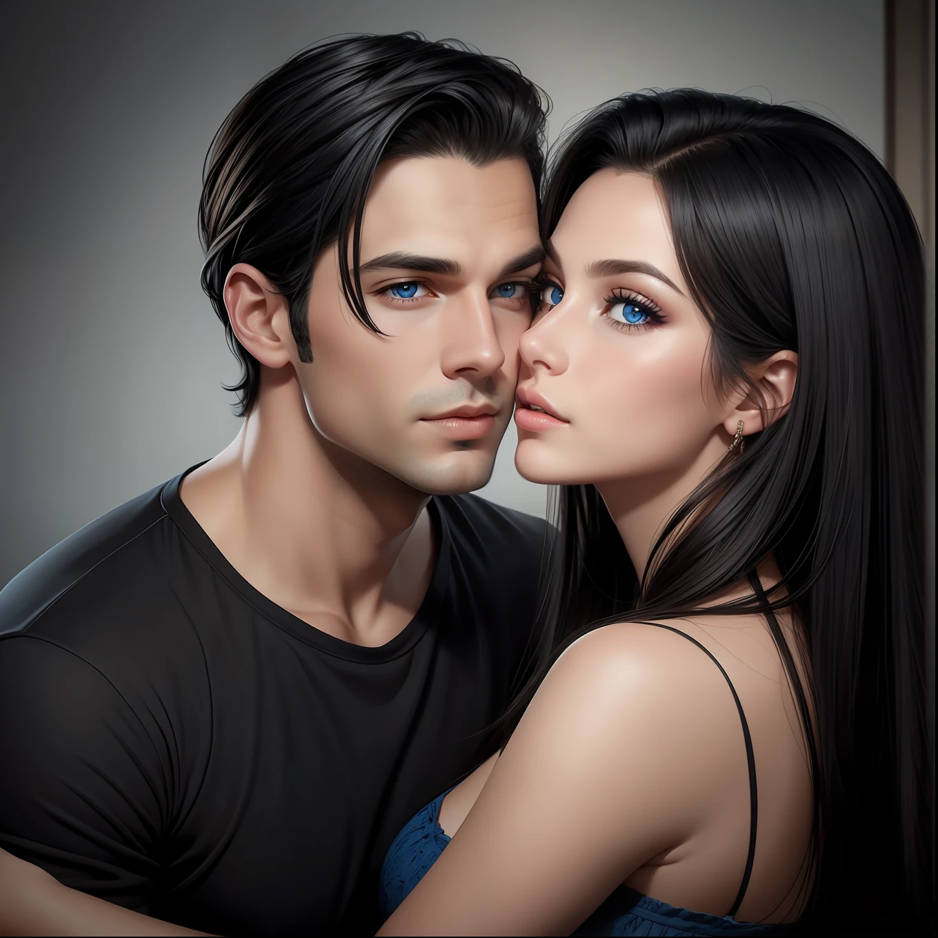 realistic portrait of the woman, black hair, blue eyes, male, no beard, black hair, grey eyes, kiss on the lips, couple,