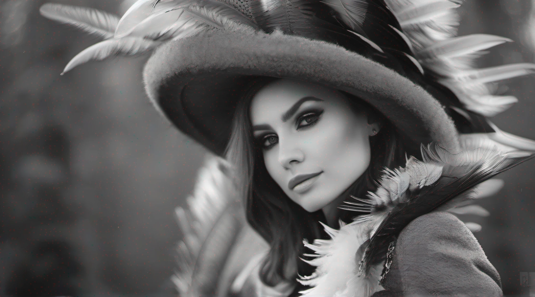 handsome female,cute body,suit,feather coat,monochrome photography,dutch angle,outdoor