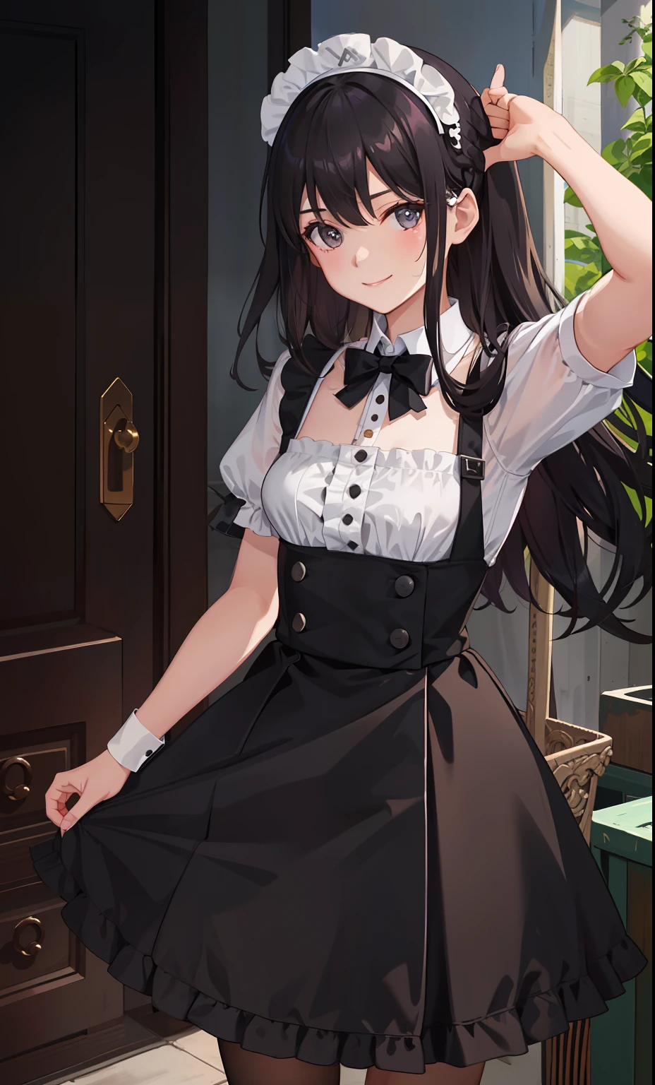 1girl in、A smile、A delightful、skirt by the、(small tits)Chilarism、doress、pinafore,,,,,,、Maids,,,,,,,,、A dark-haired、hair adornments、movement、