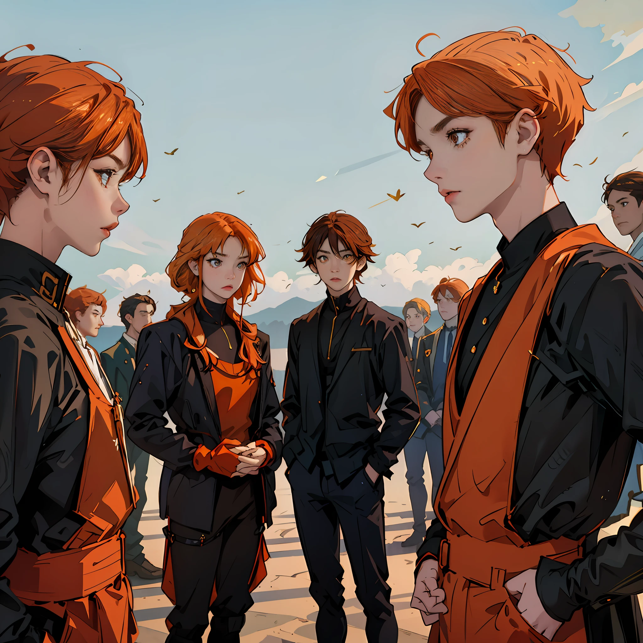 A group of 15-year-olds in training trained in ilera have orange hair and orange eyes and wear elegant black and gold etiquette suits.....