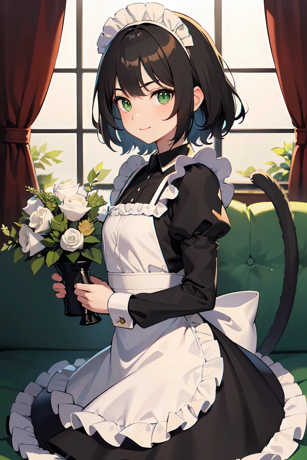 masterpiece, best quality, ultra high res, beautiful detailed hair detailed face, perfect face, (happy face), ((male)), cat boy, neko male, 1male, male focus, short curly black hair, flat chested, (green eyes), ((maid costume, frills, lace)), art by sakimichan, george kamitani, akira yasuda, night day on dark forest