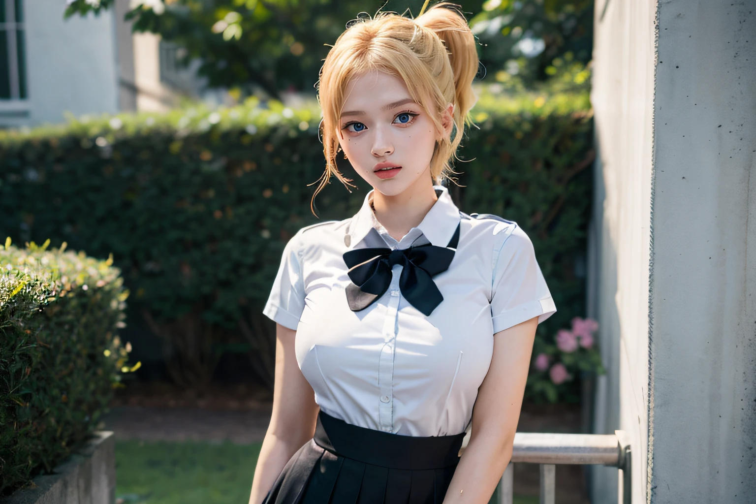 1girl, ((Blue Eyes)), Seductive face, ((Sana Minatozaki)), ((Sana twice)), ((White school uniform)), black tie, (Best Quality, 8k, Masterpiece: 1.3)) ), Clear Focus: 1.2, Perfect Body Beauty: 1.4, Slender Abs: 1.2, Wet Body: 1.5, Highly detailed face and skin texture, detailed eyes, double eyelids, hair topper ((blonde ponytail)) , long legs, ((long black stockings)), (standing in front of a Japanese school), wide hips, Big Breasts, Beautiful Breasts, big ass