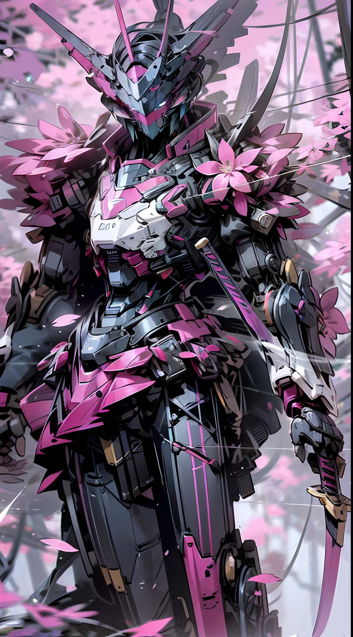 Raw foto,Dark_Fantasy, Cyberpunk, (Big Revolver, Sword Man, Violet: 1.1), 1man, Mechanical Wonder, Robotic Presence, Cybernetic Guardian, pink blossom, black, samurai Gundam, extremely high detailed, half-body, pink butterfly, pink Gundam,