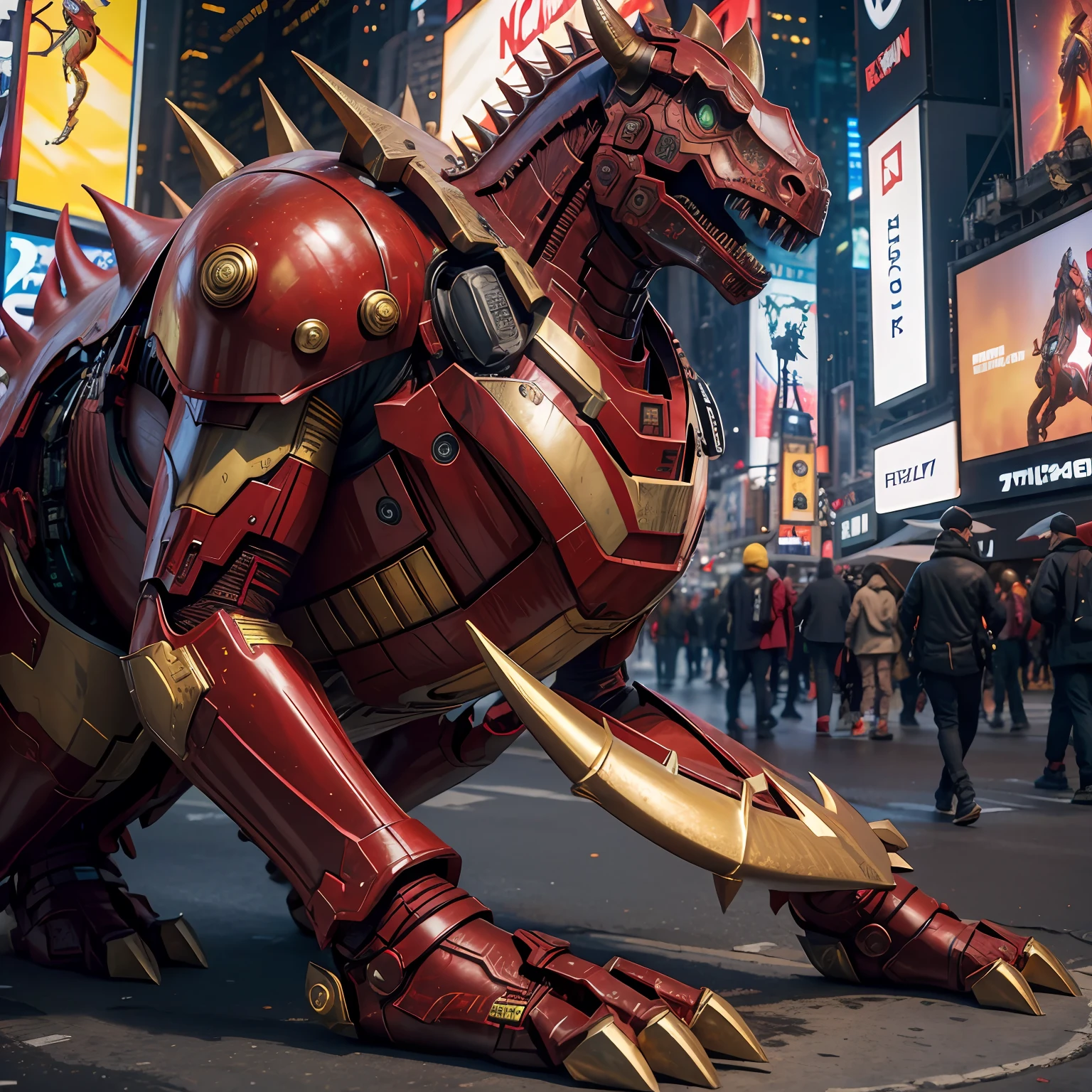 new york, av time square, triceratops, Triceratops in Iron Man's armor, red and gold, detailed, realistic, In a devastated New York, photorealistic