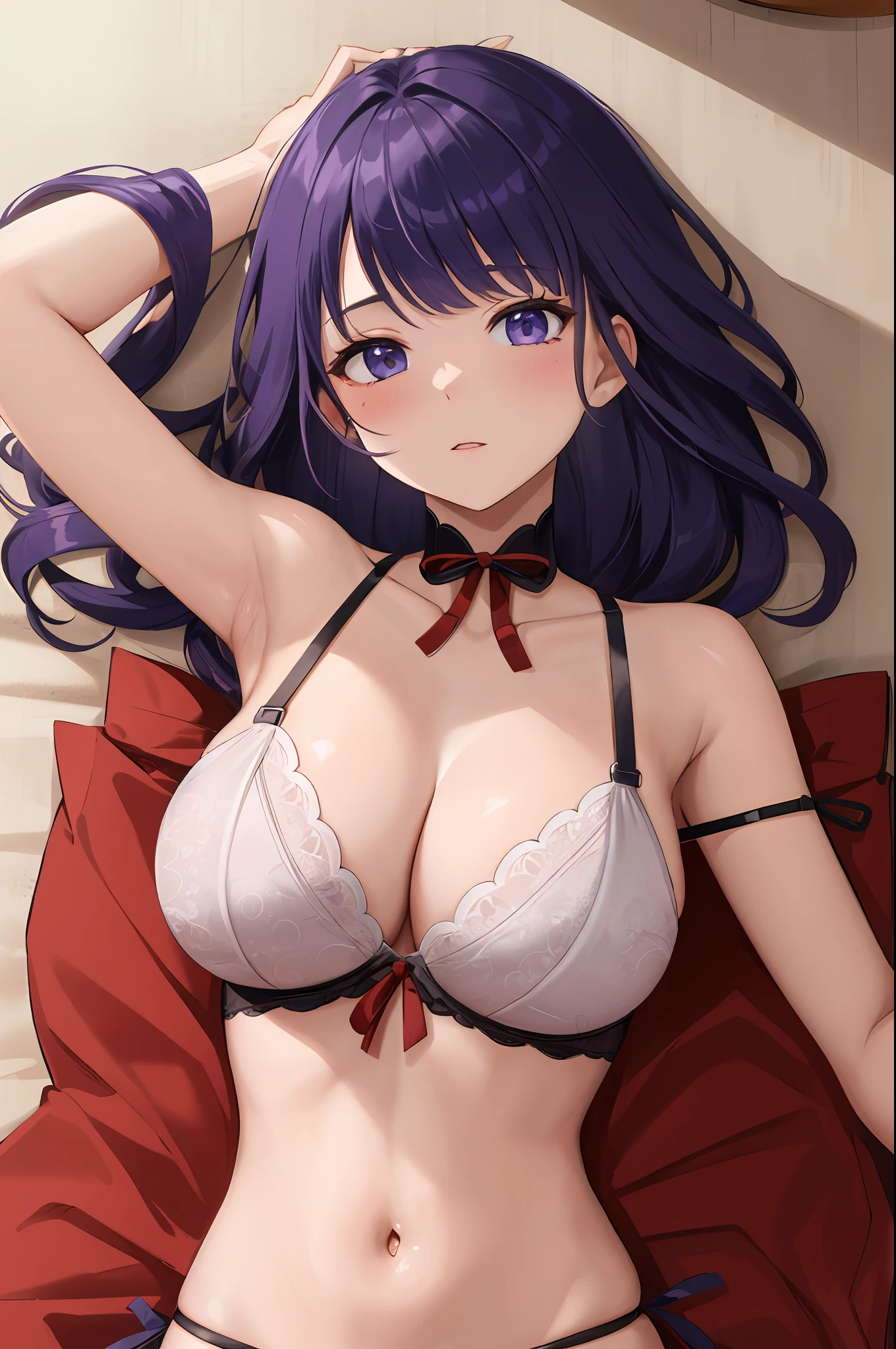 1raiden shogun, masterpiece, highest quality, high definition, solo, big breasts, indoors, offset bra, thong with side tie, lying down, top, open arms