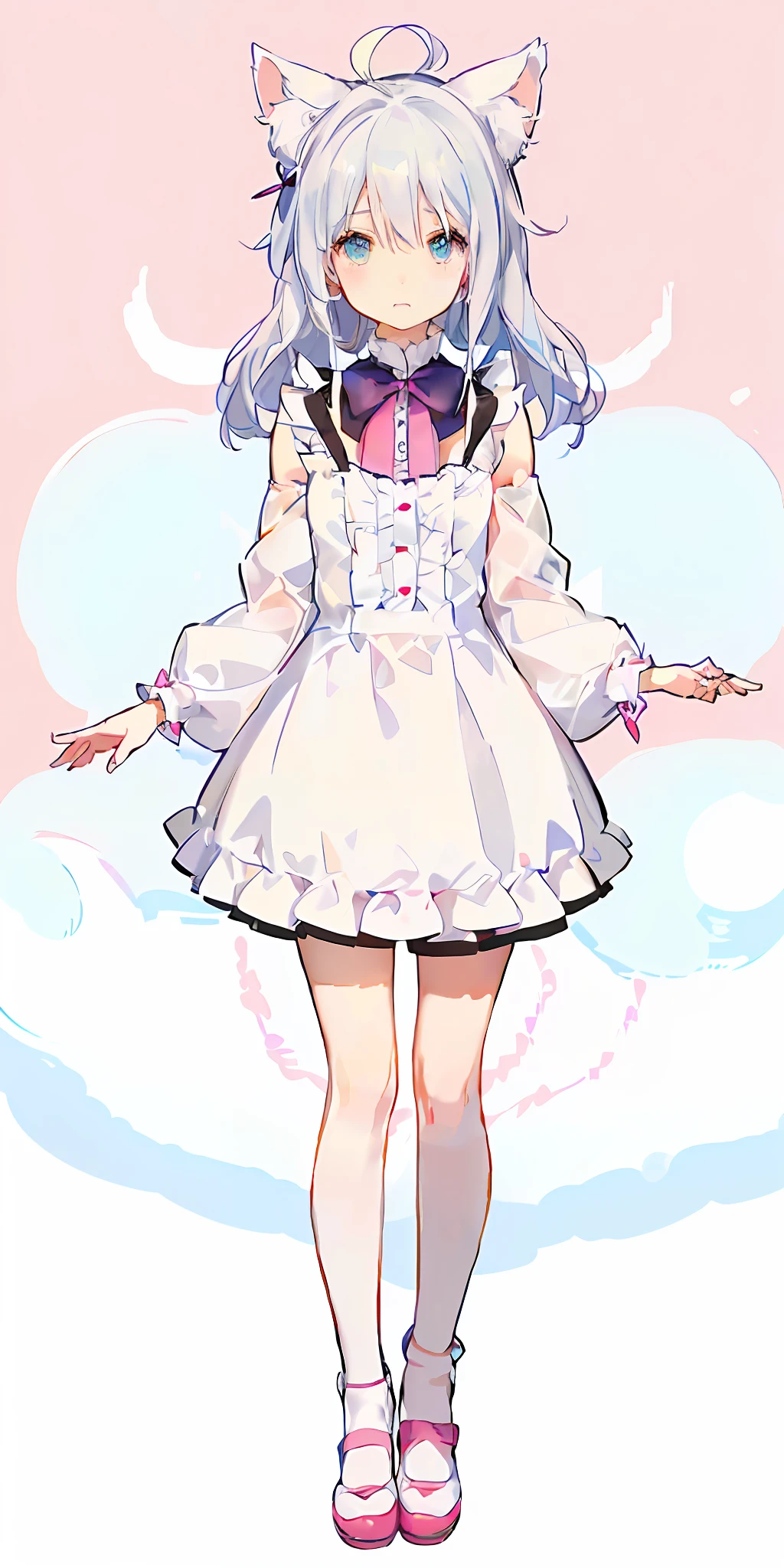 Anime girl wearing white dress,Cat ears and bow tie, anime moe art style, cute anime waifu in a nice dress, in dress, anime visual of a cute girl, !!Full body portrait!!, anime full body illustration, small curvaceous lolim Rezero, madoka kaname, full body portrait of a short!