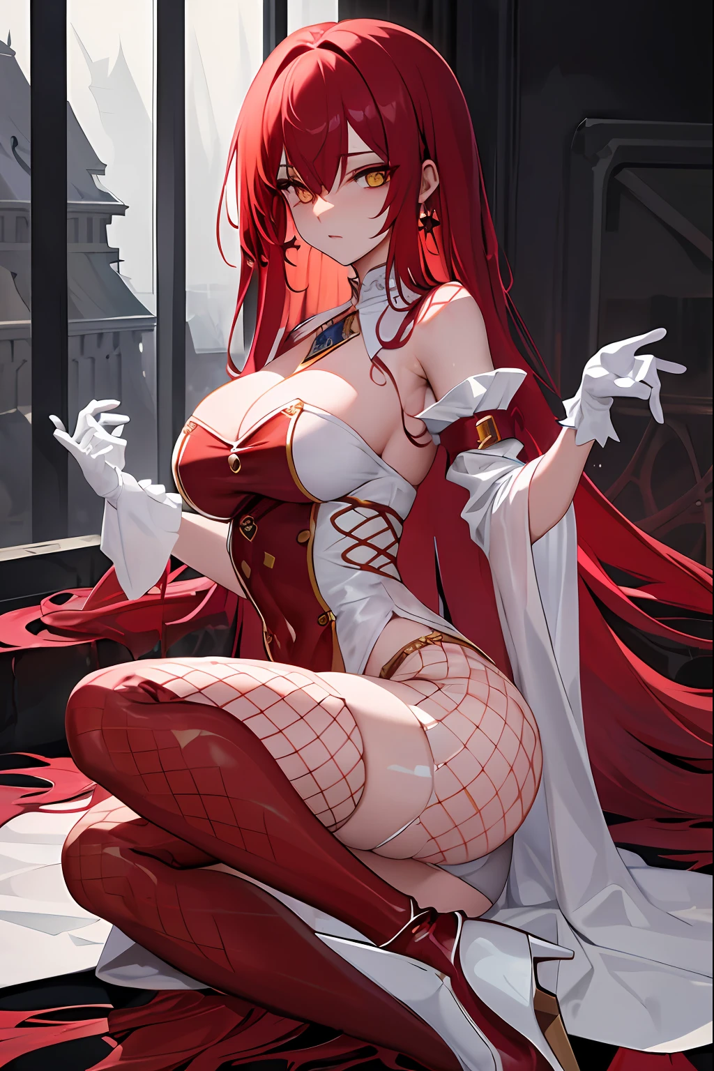 ((masterpiece)), ((best quality)), 1girl, long hair, big bust, very long red hair, yellow eyes, transparent clothes, ((white clothes)) rain, wet, exposed skin, ligerie, ((sexy pose)), white clothes, without pants, fishnet stockings, jewels, ruby earrings, good anatomy, red gloves, boots, heels, evil, emotionless, intimidant, bloody, ((beautiful eyes)), dark background, close up, ((detailed eyes)), beautiful eyes, hair bang, frontal look