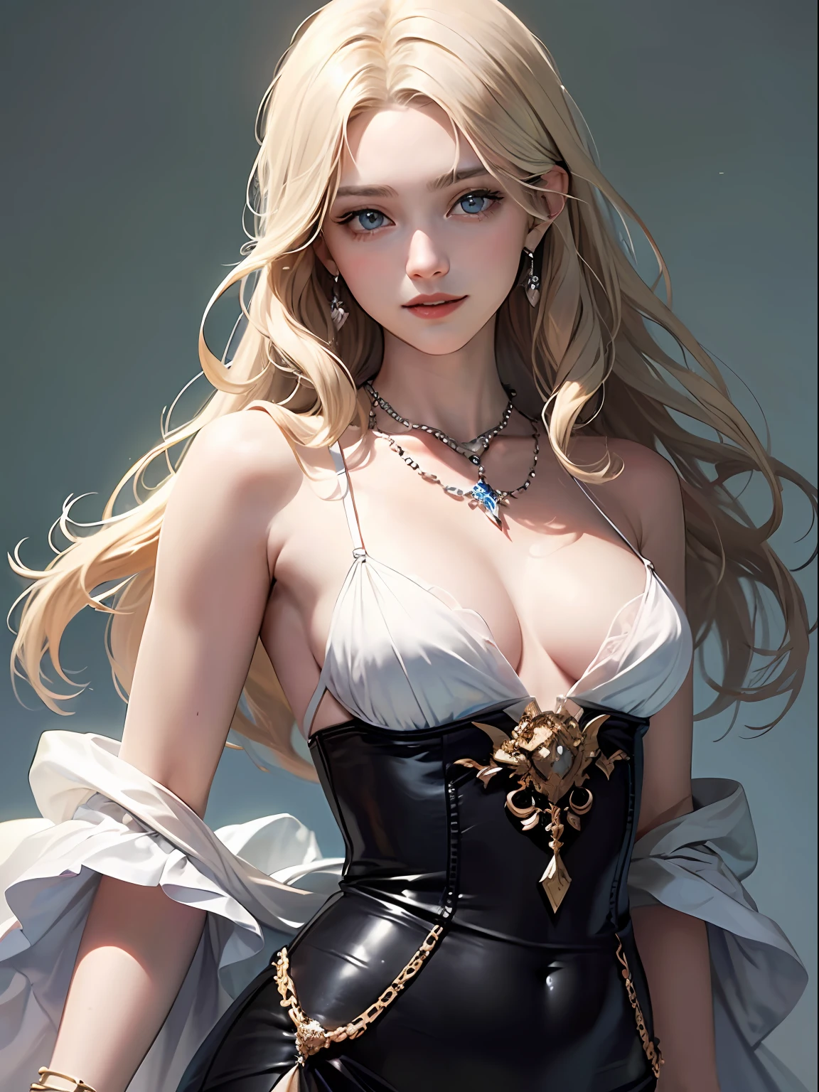 (​masterpiece、top-quality、top-quality、Official art、Beautifully Aesthetic:1.2)Platinum blonde wavy hair、adult lady、Enchanted smile、blue eyess、tiny chest、耳Nipple Ring、a necklace、A bracelet