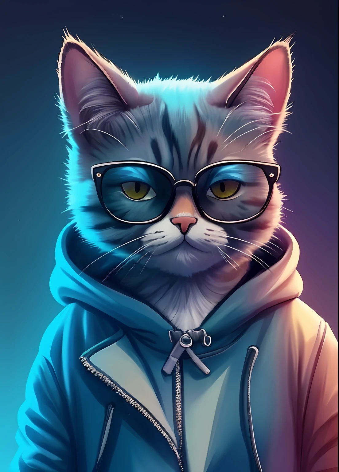 a closeup of a cat wearing glasses and a hoodie, gato cyberpunk, Arte peluda, olhando heckin legal e elegante, arte digital peluda, gato antro, peludo do gato, Gato. pintura digital, artista peludo, anthropomorphic cat, arte digital bonito, arte digital detalhada bonito, painting digital adorable, retrato de alta qualidade, design do gato, Retrato de personagem peludo