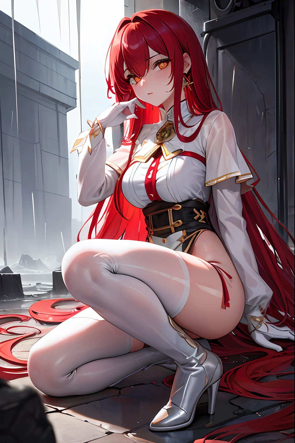 ((masterpiece)), ((best quality)), 1girl, long hair, big bust, very long red hair, yellow eyes, transparent clothes, ((white clothes)) rain, wet, exposed skin, ligerie, ((y pose)), white clothes, without pants, fishnet stockings, jewels, ruby earrings, good anatomy, red gloves, boots, heels, evil, emotionless, intimidant, bloody, ((beautiful eyes)), dark background, close up, ((detailed eyes)), beautiful eyes, hair bang, frontal look