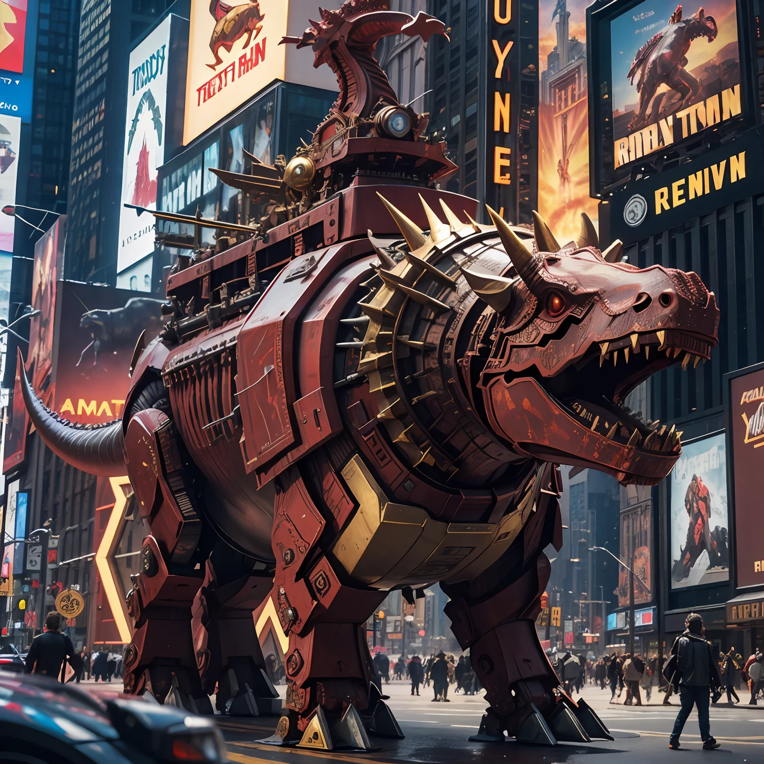 new york, av time square, triceratops, Triceratops in Iron Man's armor, red and gold, detailed, realistic, In a devastated New York, photorealistic