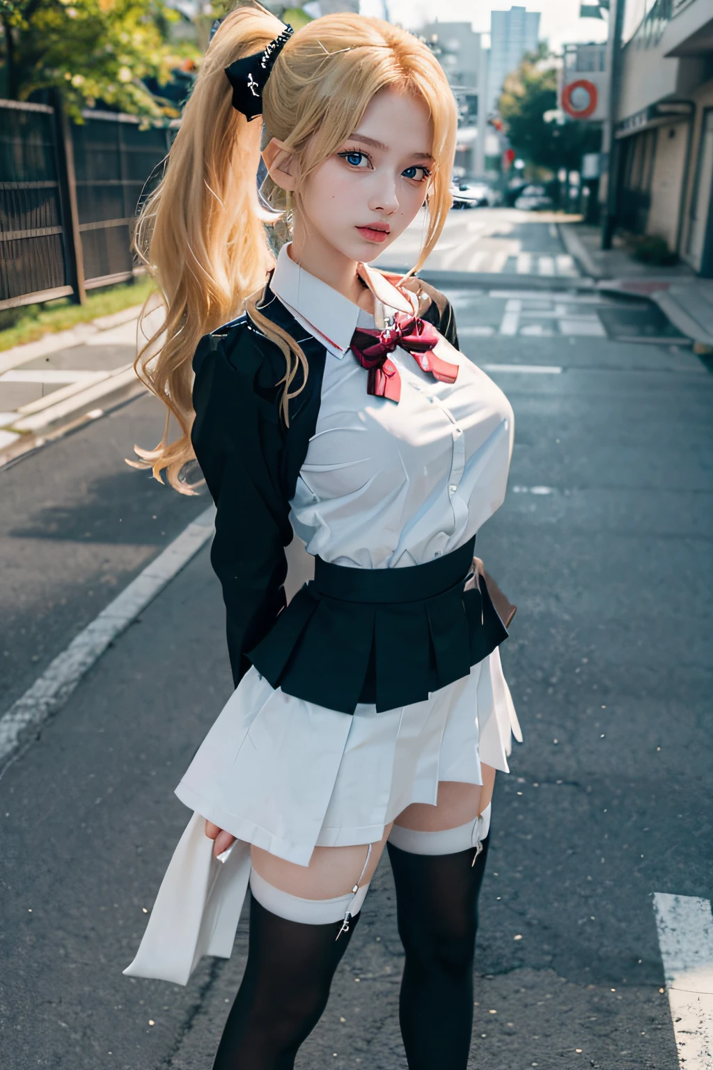 1girl, ((Blue Eyes)), Seductive face, ((Sana Minatozaki)), ((Sana twice)), ((White school uniform)), black tie, (Best Quality, 8k, Masterpiece: 1.3)) ), Clear Focus: 1.2, Perfect Body Beauty: 1.4, Slender Abs: 1.2, Wet Body: 1.5, Highly detailed face and skin texture, detailed eyes, double eyelids, hair topper ((blonde ponytail)) , long legs, ((long black stockings)), (standing in front of a Japanese school), wide hips, Big Breasts, Beautiful Breasts, big ass