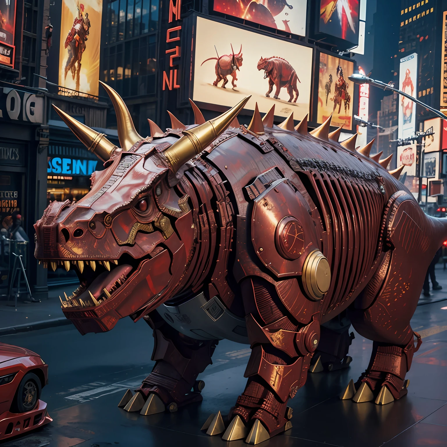 new york, av time square, triceratops, Triceratops in Iron Man's armor, red and gold, detailed, realistic, In a devastated New York, photorealistic