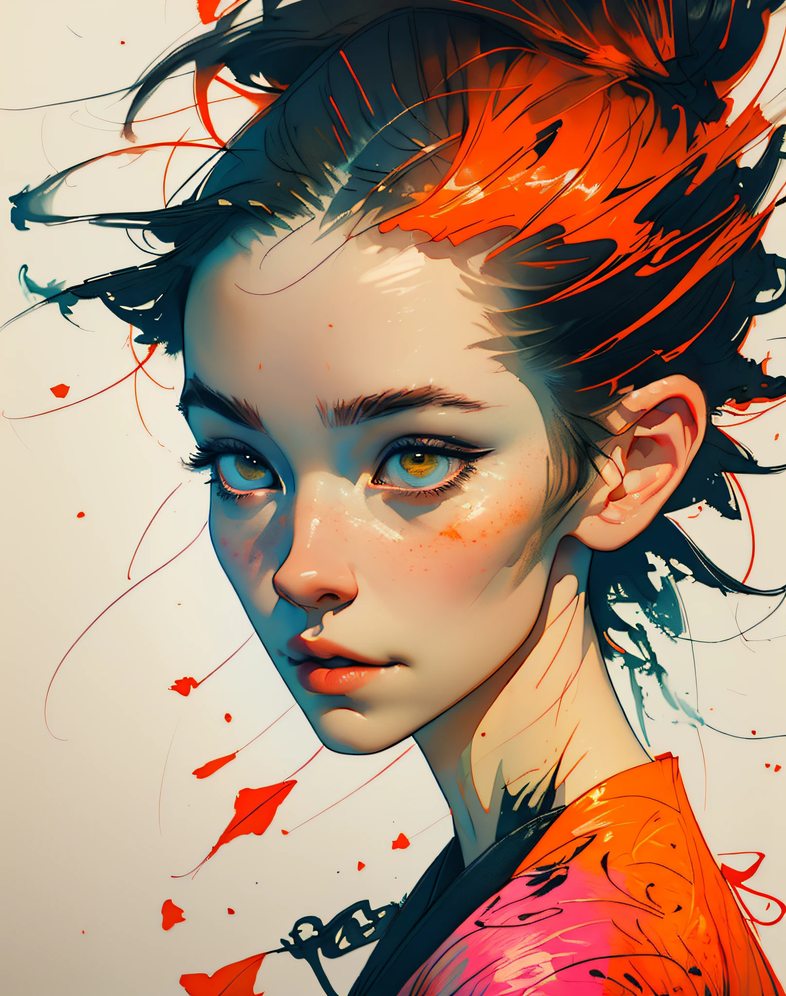 (8k, best quality, masterpiece:1.2),(best quality:1.0), (ultra highres:1.0), watercolor, a beautiful woman, shoulder, hair ribbons, by agnes cecile, half body portrait, extremely luminous bright design, pastel colors, (ink:1.3), autumn lights