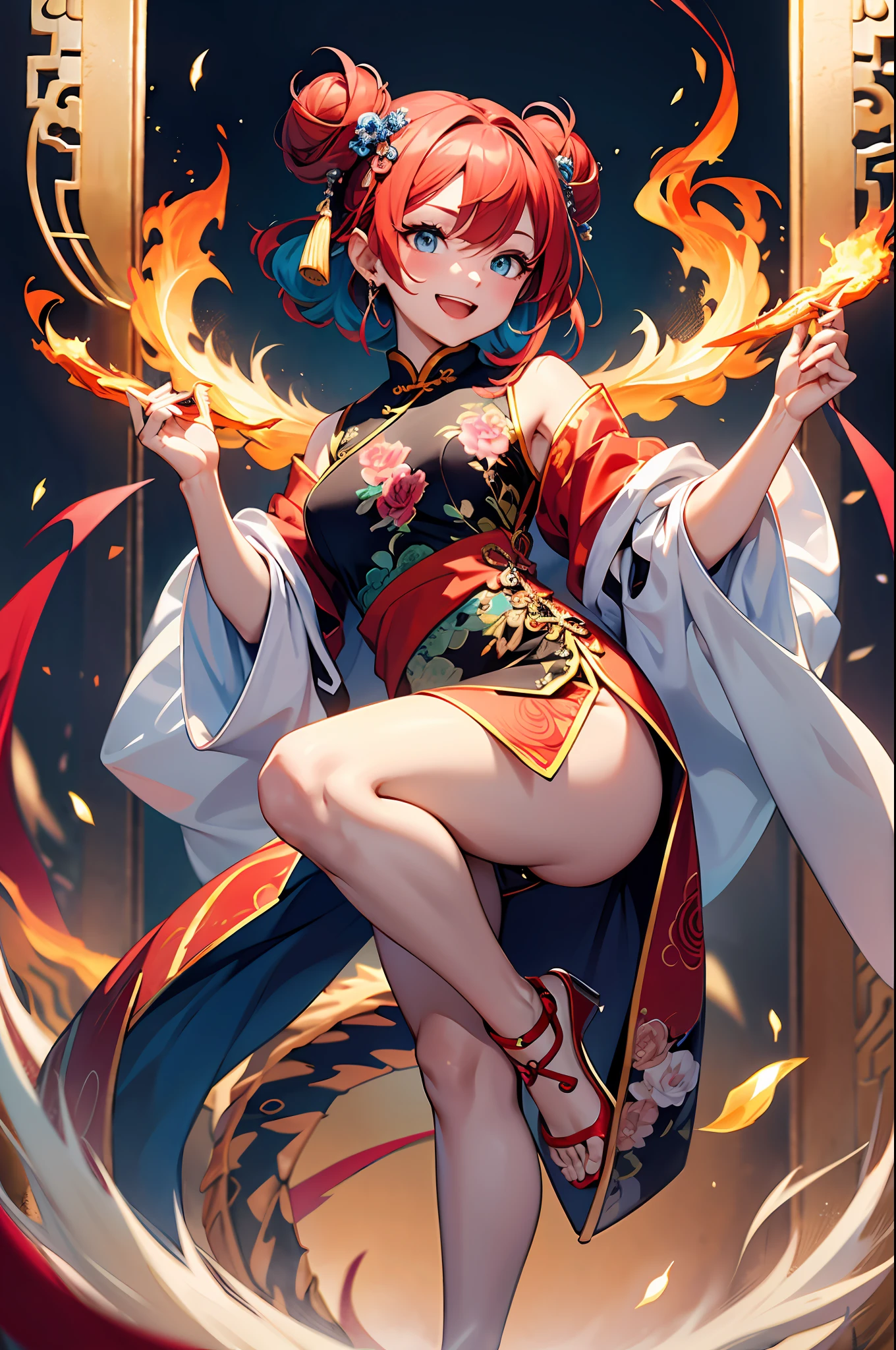 (top-quality、8K、32K、​masterpiece、UHD、ighly detailed:1.2)、(You can see a Chinese dragon breathing flames:1.2)、Full body,  Dynamic Pose、Raise one leg、beauitful face、blurry backround、20-year-old beauty、shinny skin、Red color hair、short-hair、Double bun、Blue eyes、Chinese clothing、Floral hair ornament、Naughty smile with open mouth、Absolute Area、raise one leg、