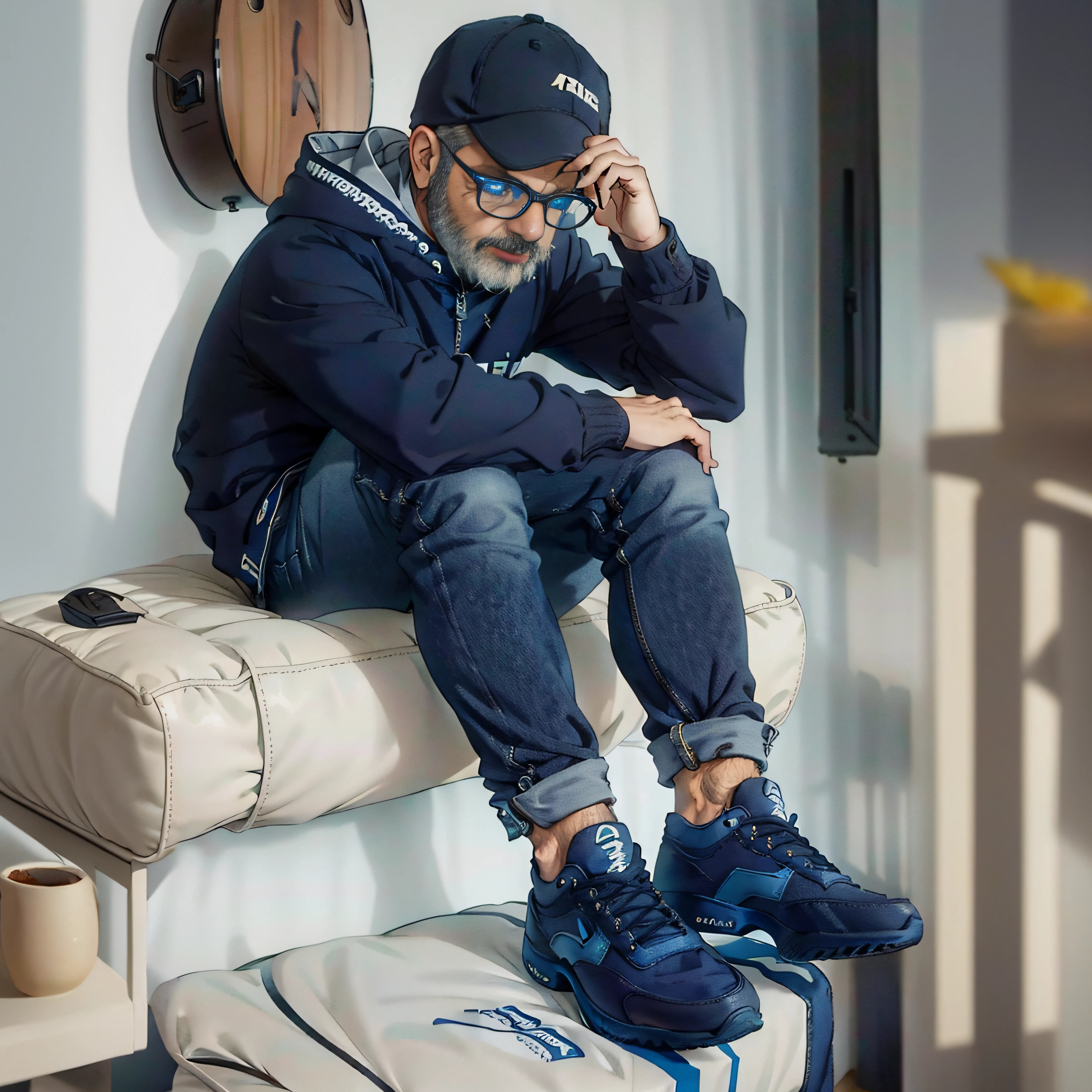 "(((cuerpo completo))) hombre ((full body)), ((rostro perfecto)), ((rostro perfecto)), ((manos perfectas)), (((sentado en una silla mirando a la camara))), mirando al publico al publico, (((comics style))), with baseball cap, buzo con capucha, gafas de lectura, barba. jeans negros, zapatillas azules, iluminacion tenue, realista, detalles intrincados, hd, 16k, gesto aserio