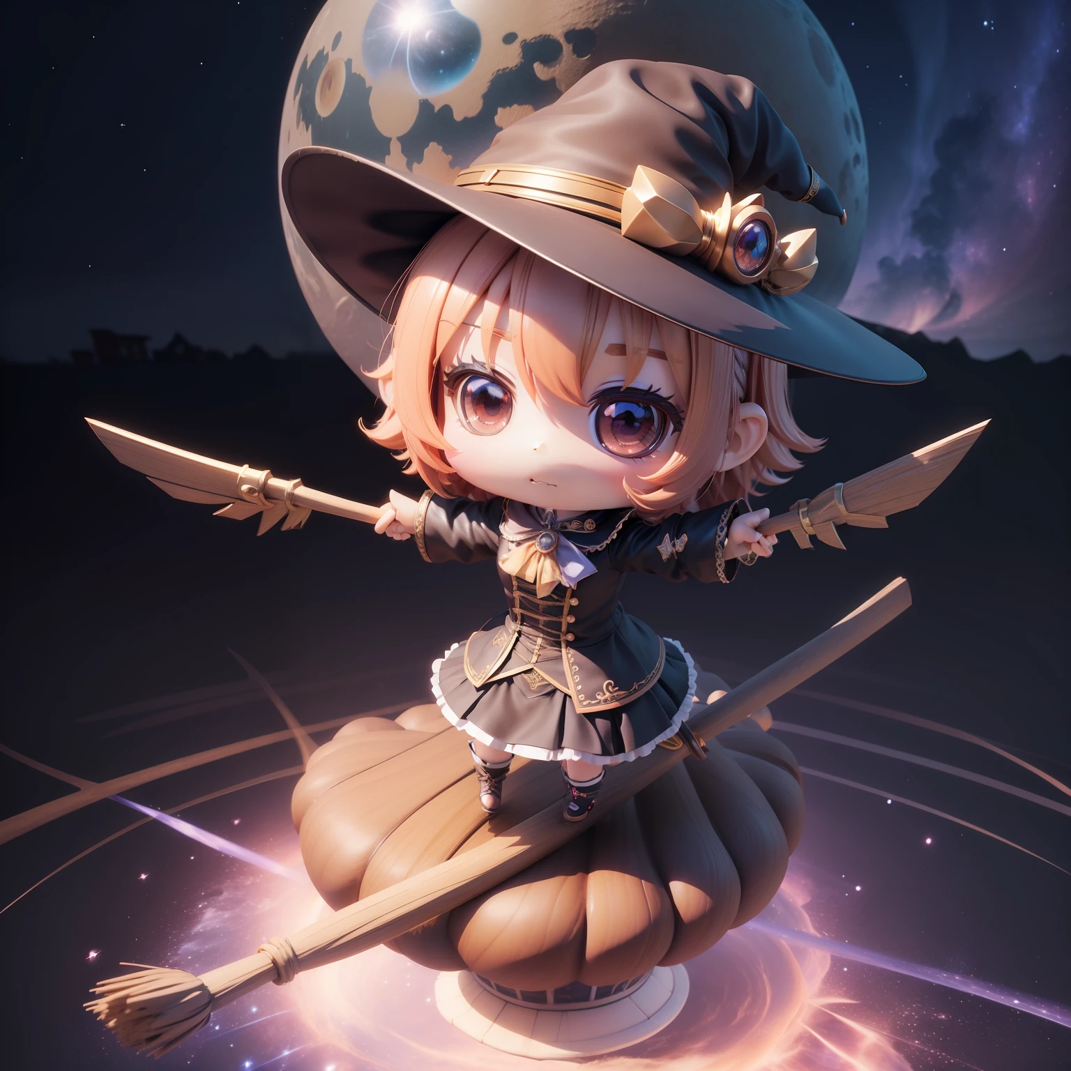 (((Chibi 3D))),Very cute and beautiful chibi anime witch character uniform,🌌Background, Full body, Fly on a broom , flying though the air,Highly detailed face and eyes, Clearly outlined, Solo,Chibi 3D.