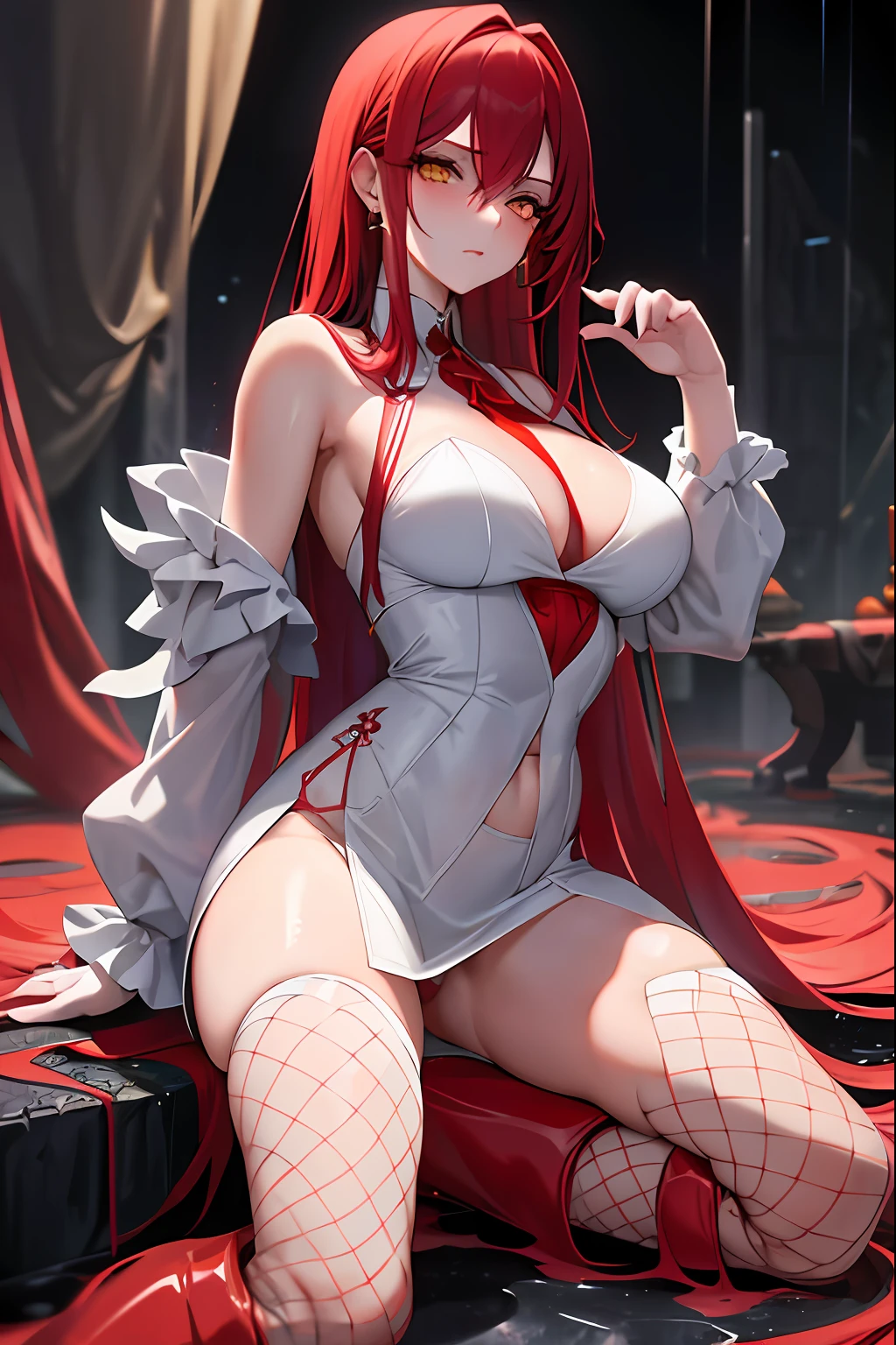 ((masterpiece)), ((best quality)), 1girl, long hair, big bust, very long red hair, yellow eyes, transparent clothes, ((white clothes)) rain, wet, exposed skin, ligerie, ((sexy pose)), white clothes, without pants, fishnet stockings, jewels, ruby earrings, good anatomy, red gloves, boots, heels, evil, emotionless, intimidant, bloody, ((beautiful eyes)), dark background, close up, ((detailed eyes)), beautiful eyes, hair bang, frontal look