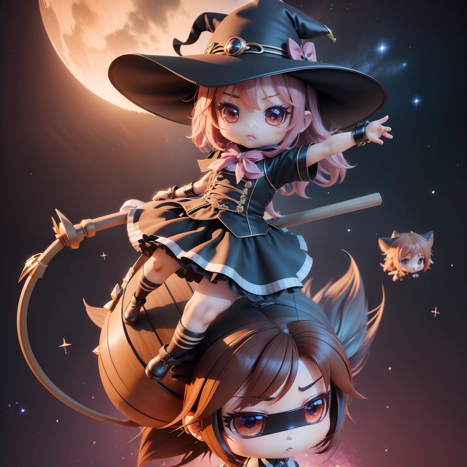 (((Chibi 3D))),Very cute and beautiful chibi anime witch character uniform,🌌Background, Full body, Fly on a broom , flying though the air,Highly detailed face and eyes, Clearly outlined, Solo,Chibi 3D.