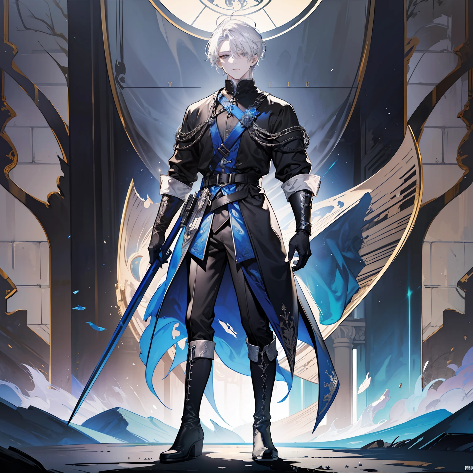 1 boy, solo, white hair, short hair, gray eyes, black shirt, metal cuffs, black gloves, high boots, metal gloves, medieval theme, looking at viewer, fantasy art, beautiful painting, guwaika style, epic exquisite character art, stunning characters, (reference sheet:1.5)
