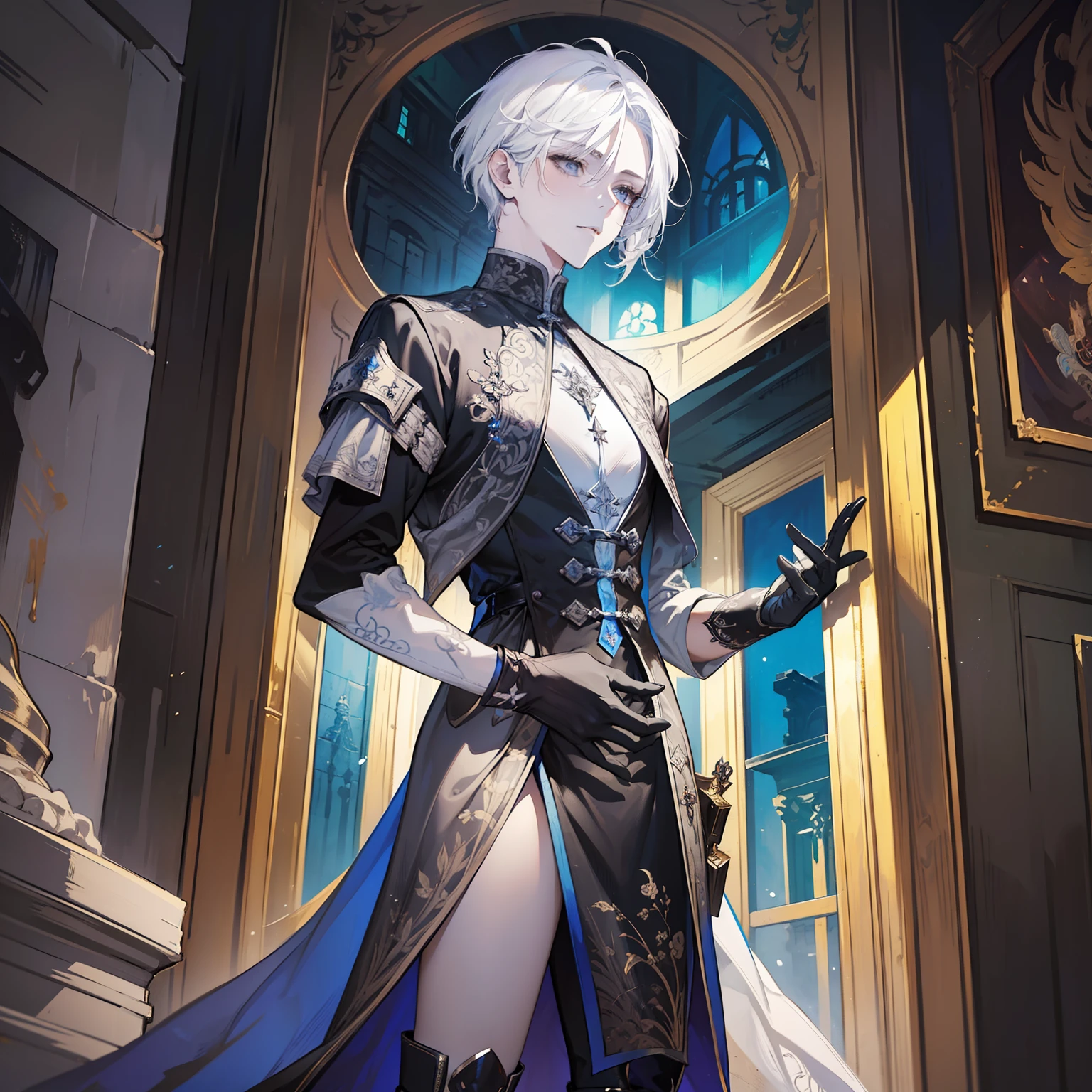 1 boy, solo, white hair, short hair, gray eyes, black shirt, metal cuffs, black gloves, high boots, metal gloves, medieval theme, looking at viewer, fantasy art, beautiful painting, guwaika style, epic exquisite character art, stunning characters, (reference sheet:1.5)