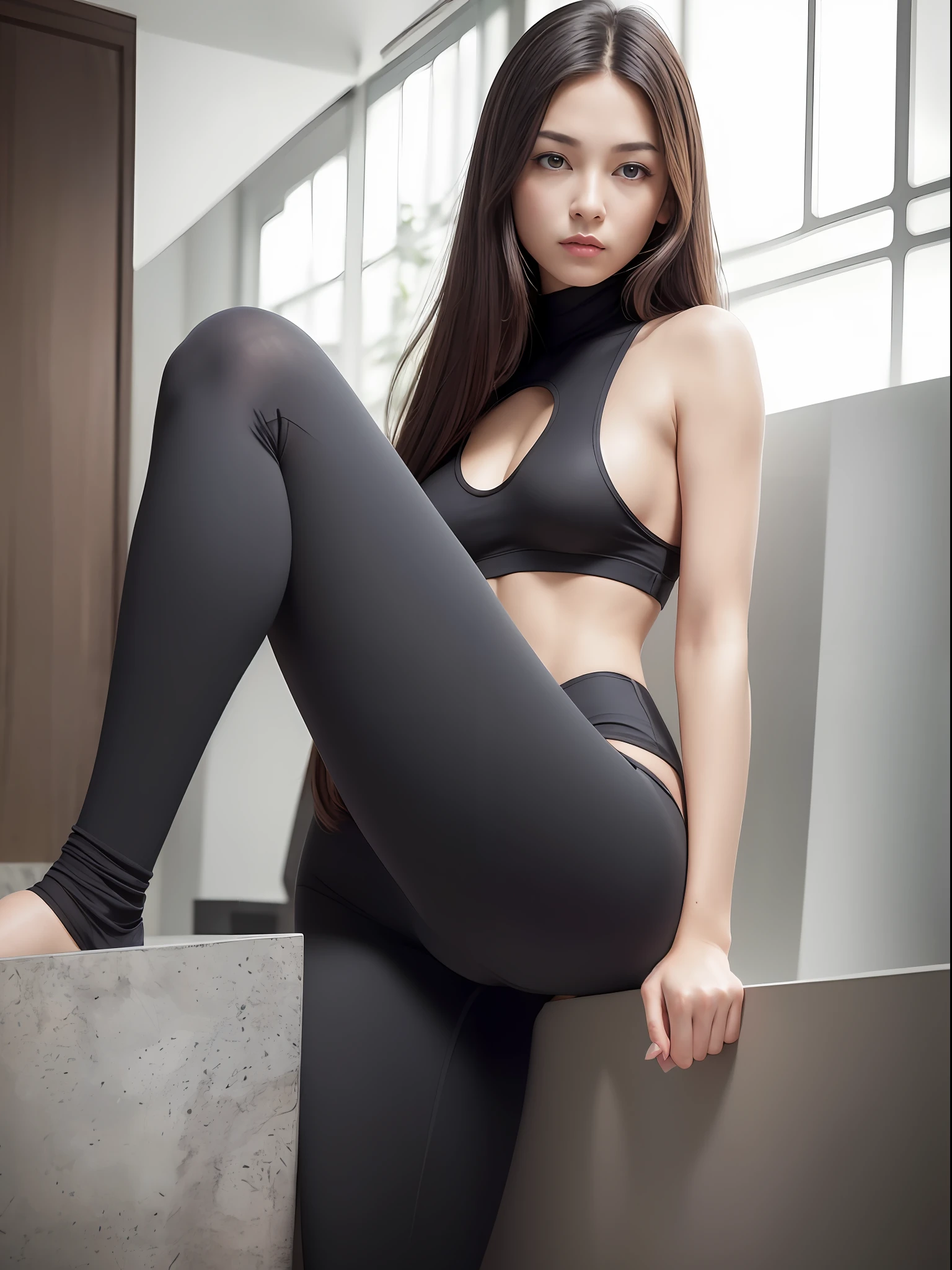 (RAW photo), highest quality, (masterpiece:1.2), High detail RAW color photo, extremely detailed CG unity 8k wallpaper, (photo realism:1.4), (highres), hyperdetailed, (photorealistic:1.2), (best quality:1.3),perfect anatomy, black hair, (leggings), beautiful legs, model pose, realistic body,beautiful detailed girl, bodysuit