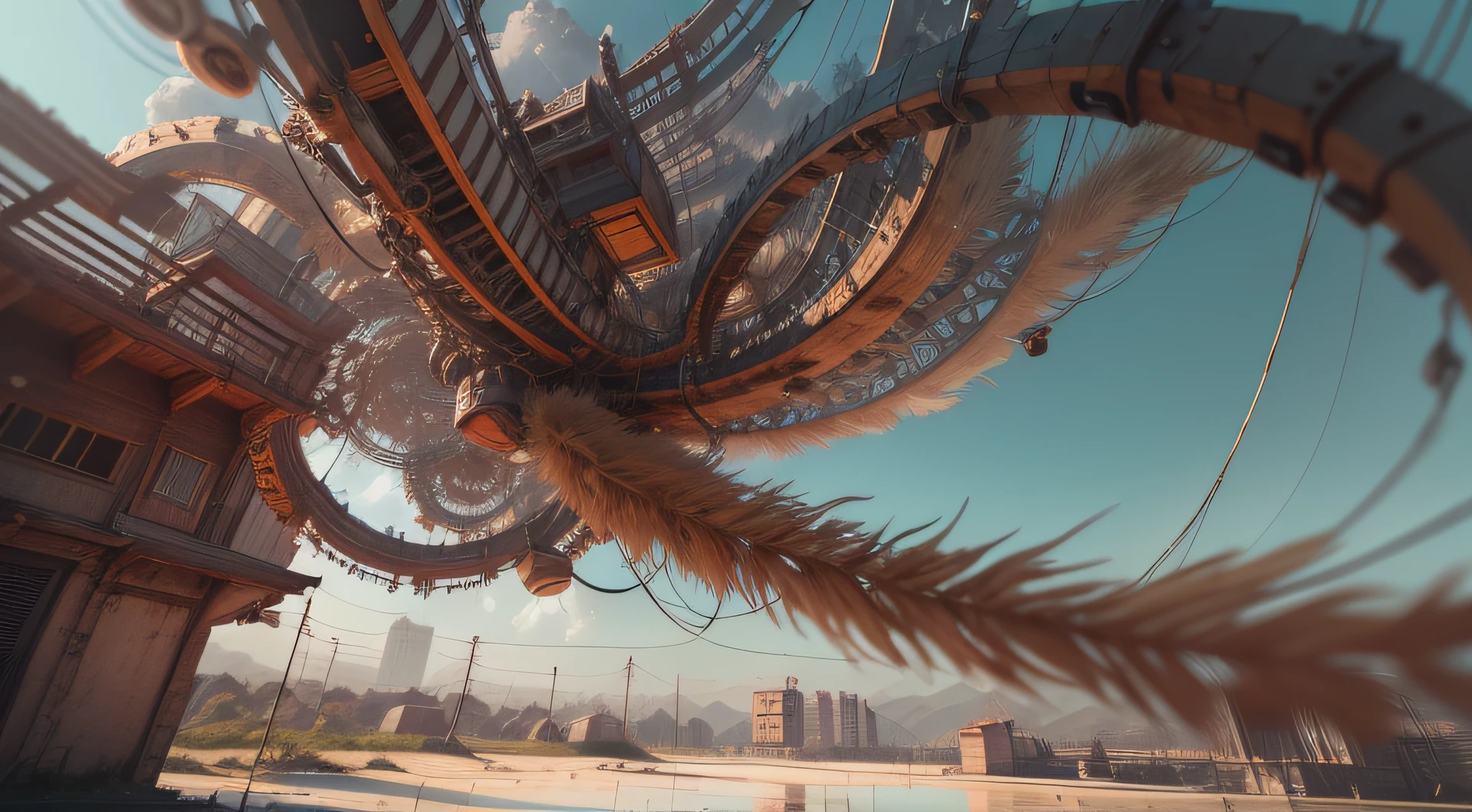 a heavily distorted, fading late morning clear sky, a singular object comprised of contorted feathers/machinery/pipes/rusted components is floating in the air, steel strings weave into each other, extra detail, 4kHD details, best resolution, surrealistic composition, extreme camera angle, motion blur, depth of field, foreshortening, tilted camera angle, cinematic lighting, movie scene