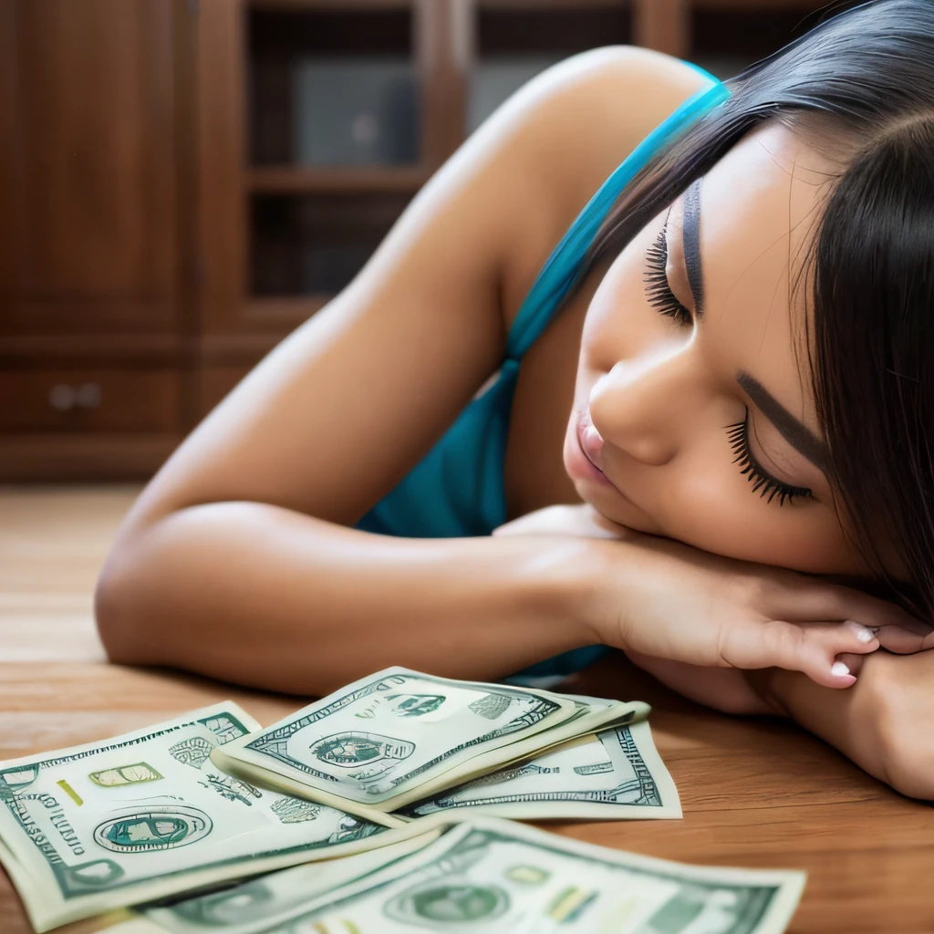 highly detailed photo, sharp details, realistic, 4k, RAW photo, woman laying on money, cash, dollar bills, wealth, abundance, riches, financial success, prosperous, opulence, luxury, stacks of money, high value, financial growth, financial stability, successful, affluent, thriving, financial independence, profitable, well-off, well-to-do, prosperous life, financial security, impressive, bountiful, money stacks, money spread out, surrounded by money, comfortable, content, joyful.