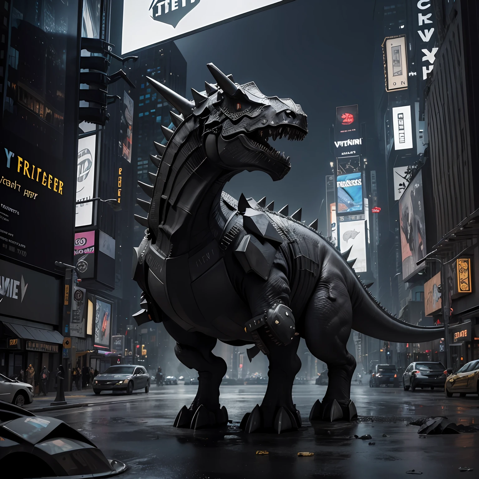 new york, av time square, triceratops, triceratops in batman's armor, black and gray, detailed, realistic, in a devastated new york, photorealistic