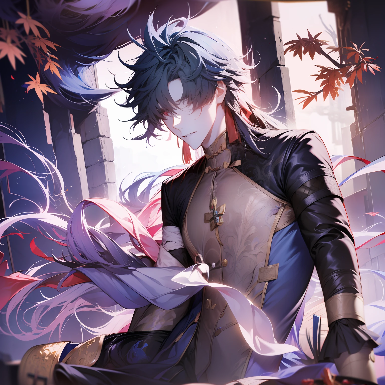 Blade from honkai star rail, calm, detailed, beautiful face, calm atmosphere, looking at viewer, interesting composition, full body, between window, masterpiece, best quality, 1 male, adult, handsome, tall, finely detailed eyes and detailed face, extremely detailed CG unity 8k wallpaper, intricate details, intricate details, maple leaves, maple, calm, good, kind