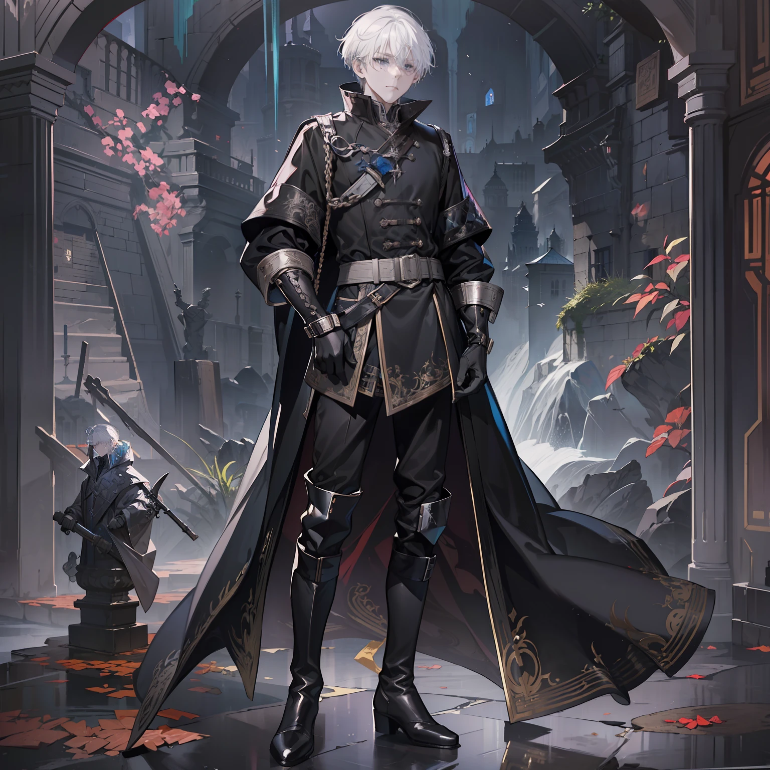 1 boy, solo, white hair, short hair, gray eyes, black shirt, metal cuffs, black gloves, raincoat, high boots, metal greaves, medieval theme, looking at viewer, fantasy art, beautiful painting, guwaika style, epic exquisite character art, stunning characters, (reference sheet:1.5)