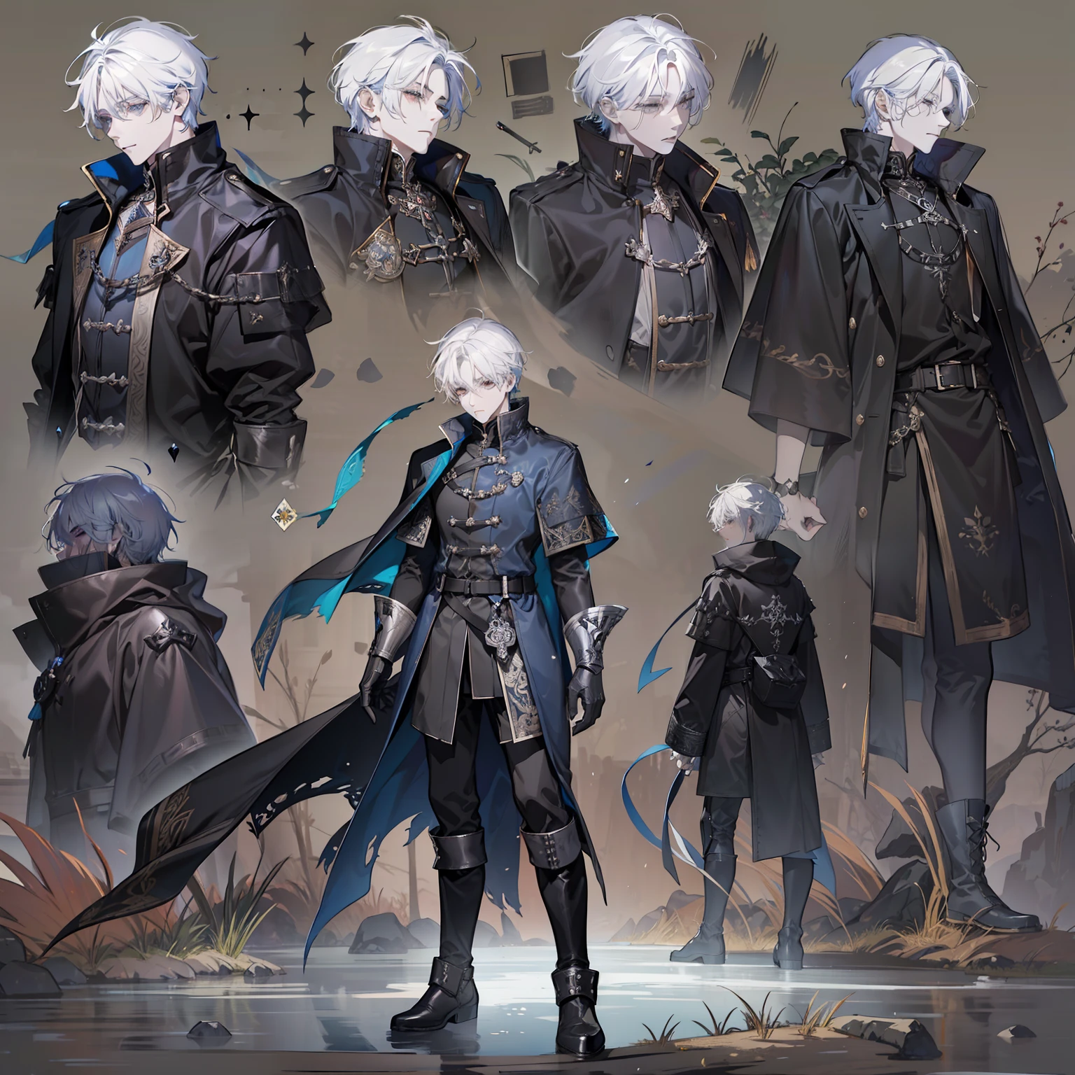 1 boy, solo, white hair, short hair, gray eyes, black shirt, metal cuffs, black gloves, raincoat, high boots, metal greaves, medieval theme, looking at viewer, fantasy art, beautiful painting, guwaika style, epic exquisite character art, stunning characters, (reference sheet:1.5)