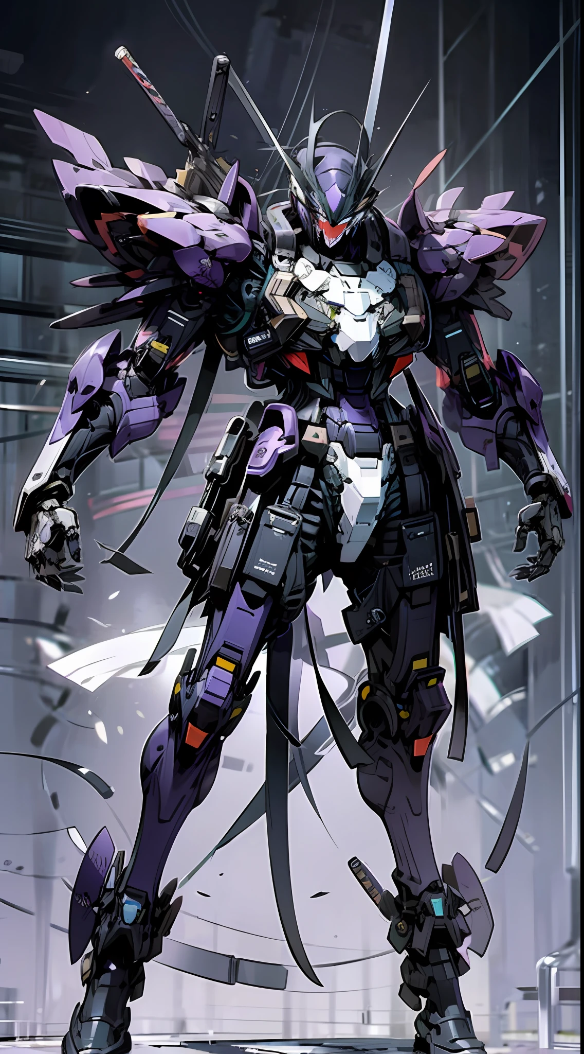 Raw foto,Dark_Fantasy, Cyberpunk, (Big Revolver, Sword Man, Violet: 1.1), 1man, Mechanical Wonder, Robotic Presence, Cybernetic Guardian, indigo, black, samurai Gundam, extremely high detailed, half-body, purple cobra, purple Gundam, venom,