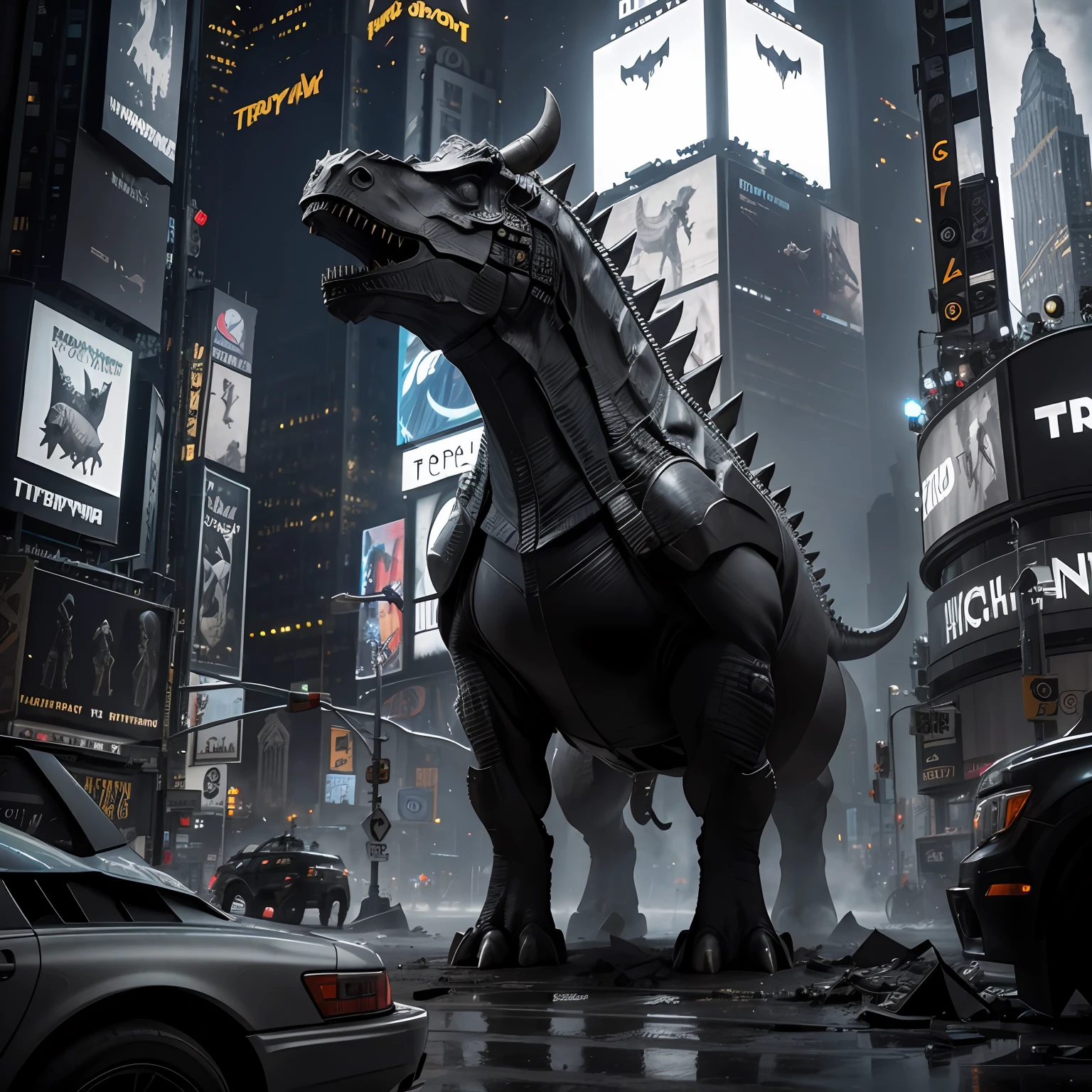 new york, av time square, triceratops, triceratops in batman's armor, black and gray, detailed, realistic, in a devastated new york, photorealistic