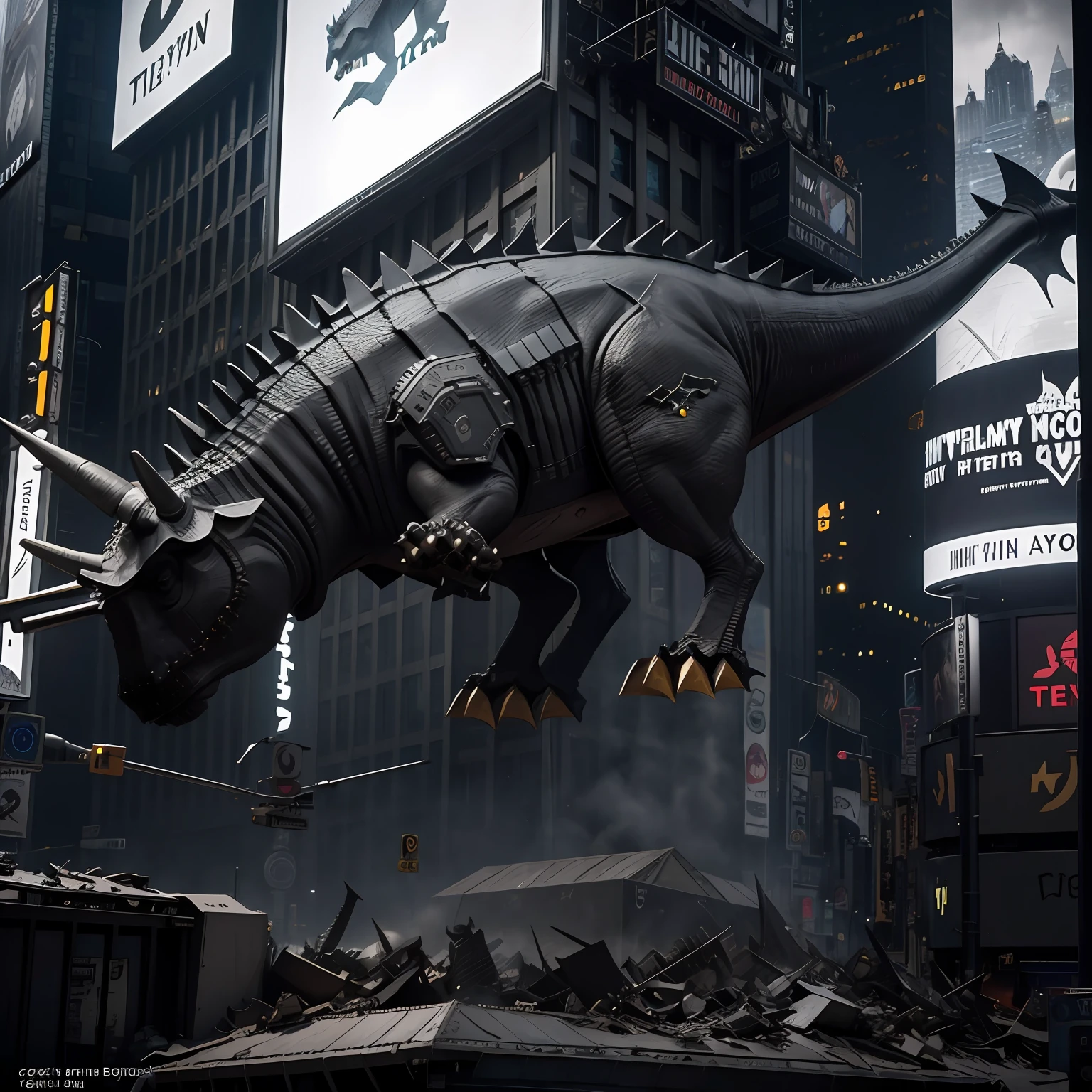 new york, av time square, triceratops, triceratops in batman's armor, black and gray, detailed, realistic, in a devastated new york, photorealistic
