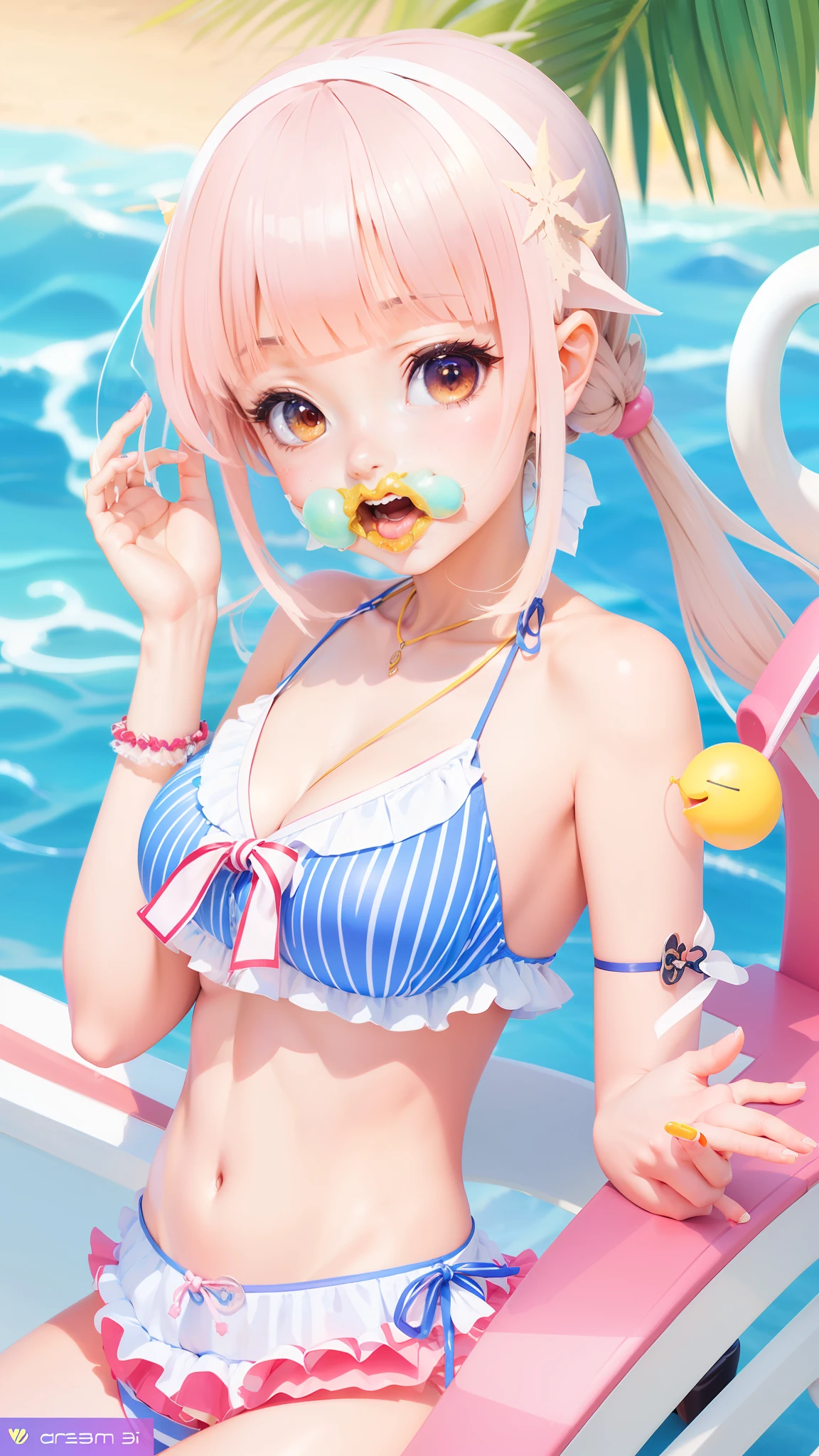 (((Anime girl in the puffed mouth of VERY gum))), realistic bikini, Swimsuit, Smooth Anime CG Art, Detailed Digital Anime Art, render of summer, [ 4 k digital art ]!!, digital anime illustration, swim wears, kawaii realistic portrait, artwork in the style of guweiz, Cute Bikini, digital anime art, photorealistic anime girl render