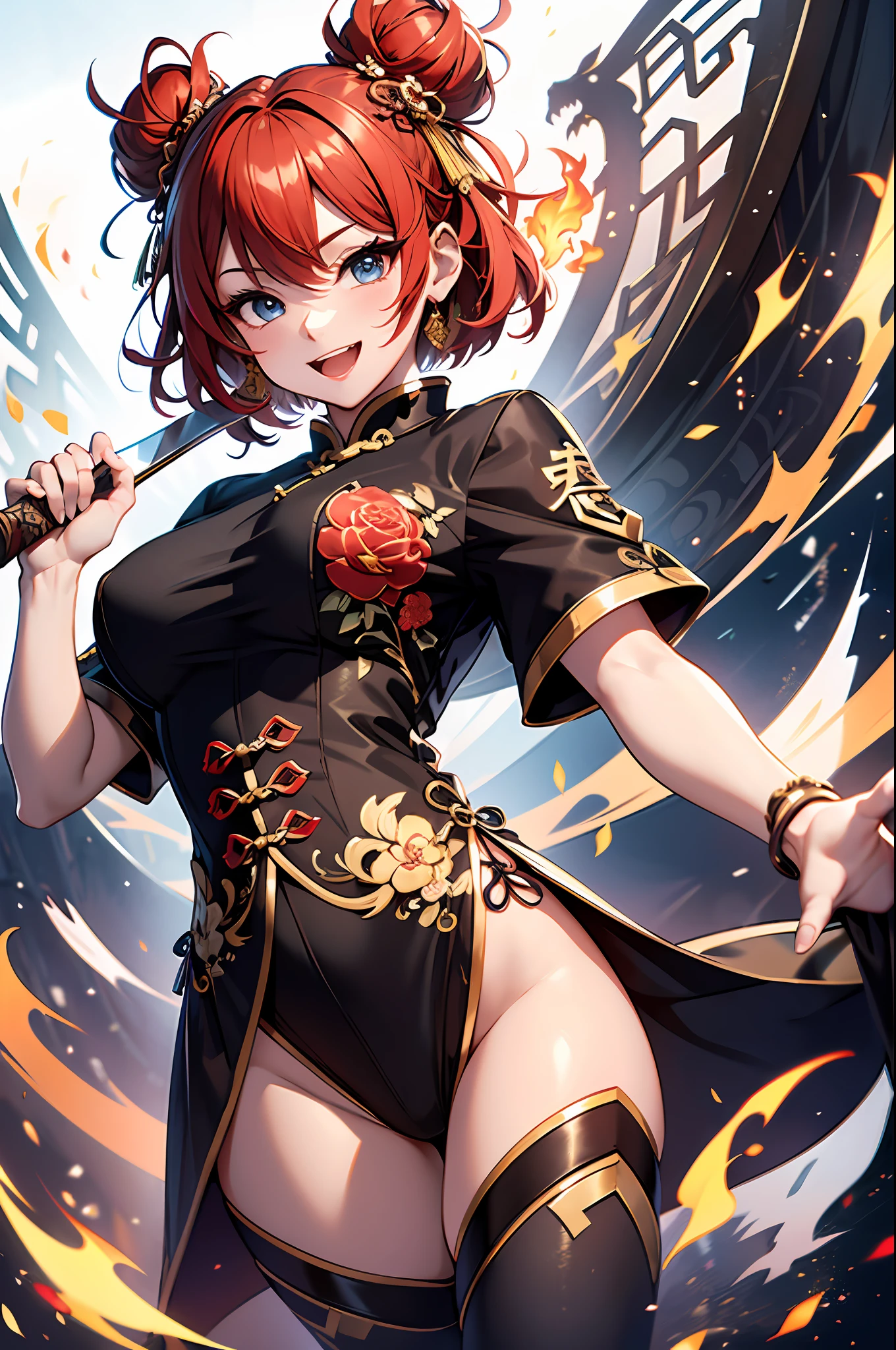 (top-quality、8K、32K、masterpiece、UHD、ighly detailed:1.2)、(You can see a Chinese dragon breathing flames:1.2)、Full body, (Dynamic Pose、Raise one leg:1.3)、beauitful face、blurry backround、20-year-old beauty、shinny skin、Red color hair、short-hair、Double bun、Blue eyes、Chinese clothing、Floral hair ornament、Naughty smile with open mouth、Absolute area、Holding a Chinese-style sword、