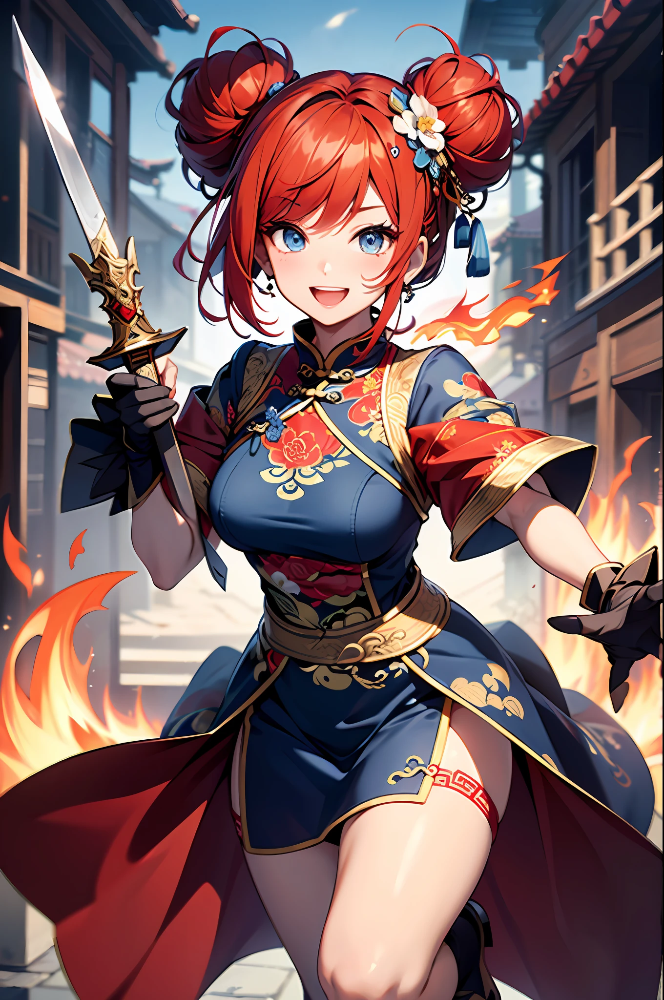 (top-quality、8K、32K、masterpiece、UHD、ighly detailed:1.2)、(You can see a Chinese dragon breathing flames:1.2)、Full body, (Dynamic Pose、Raise one leg:1.3)、beauitful face、blurry backround、20-year-old beauty、shinny skin、Red color hair、short-hair、Double bun、Blue eyes、Chinese clothing、Floral hair ornament、Naughty smile with open mouth、Absolute area、Holding a Chinese-style sword、