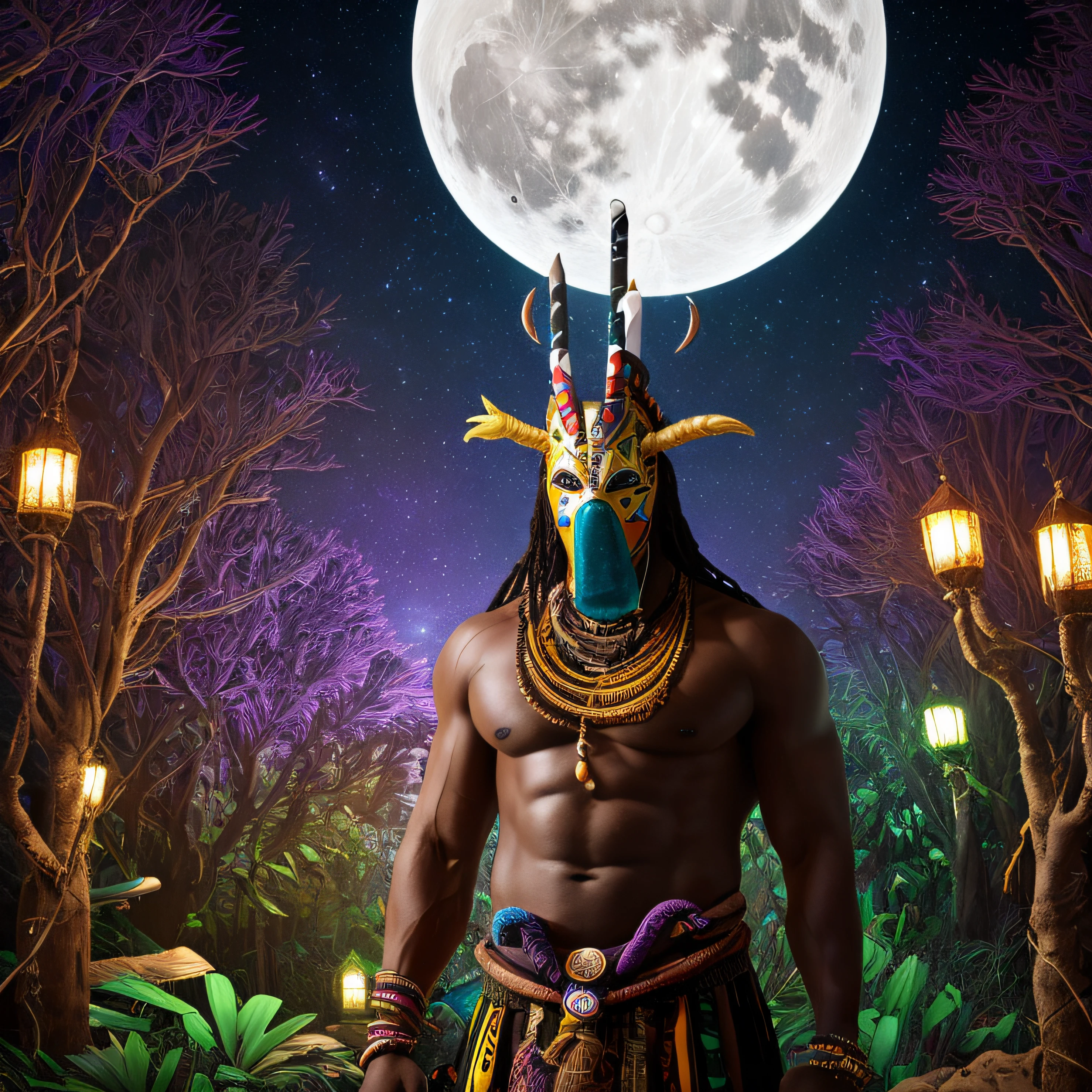 A muscular African man, with long hair, wearing a large straw hat covering half of his face, wearing white ethnic pants, levitating, background composed of a forest illuminated by the light of the moon, full and waning moons, half-moon, starry sky, stone and wooden floor, mystical lights around the African man, branches of trees by the environment,  knives, daggers on the ground, big old trees with passages to other dimensions, portals opened by the forest, voodoo, ritualistic symbols, very large African man levitating with open arms, no T-shirt, best quality, masterpiece, high resolution, 8k, hyper-realistic image, professional photo, realistic image, full body view, bottom-up angle, African God dressed as a tribal devil,  African god in the forest, masked and muscular man, masked man with wings, naked and painted body, predominance of colors, purple, turquoise blue, yellow and silver, background composed of wooden room with open door to a forest illuminated by moonlight, tribal mask, mask covering eyes and mouth, colored macara, straw mask, scary mask,  MASK, colorful and full moons, starry sky, wooden house with ritualistic objects, voodoo, tree branches entering the wooden house through the door, wooden house catching cute, snakes by the environment