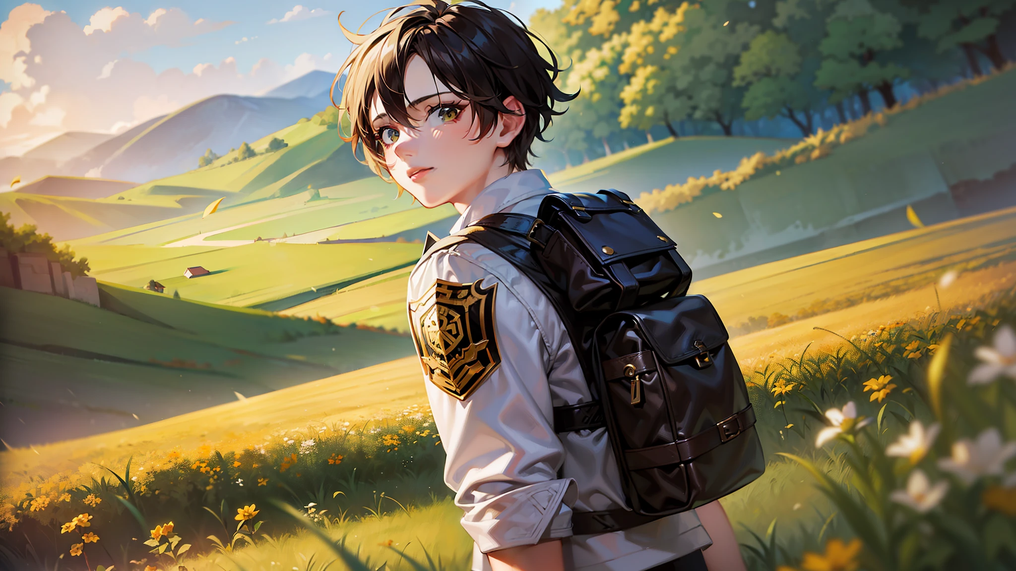 Courageous adventurer young teen Aiden in a picturesque green field, facing forward with an expression of pride and determination, captured in a golden hour.